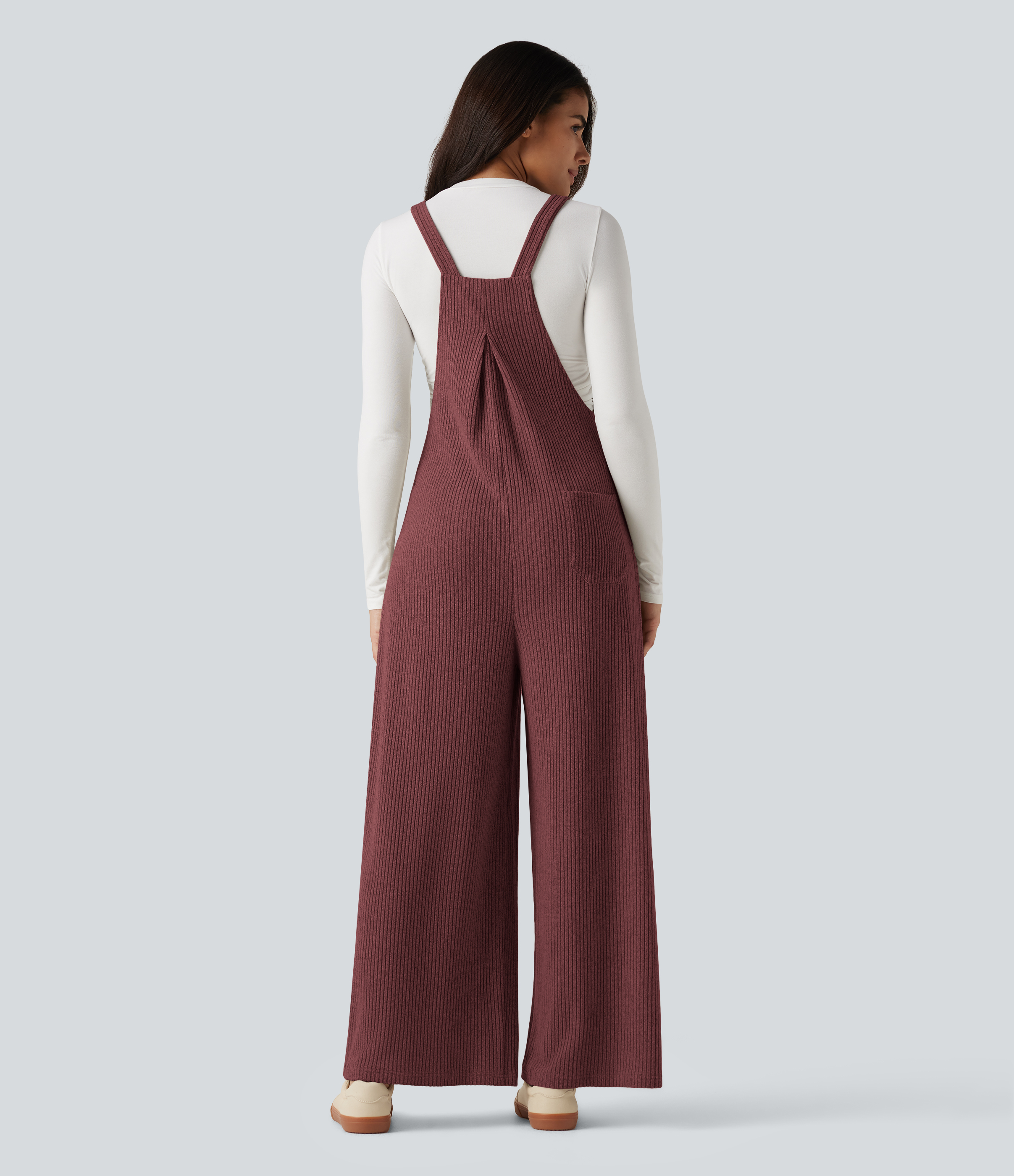 Cozy Burgundy Ribbed Knit Casual Overalls with Pockets / 2