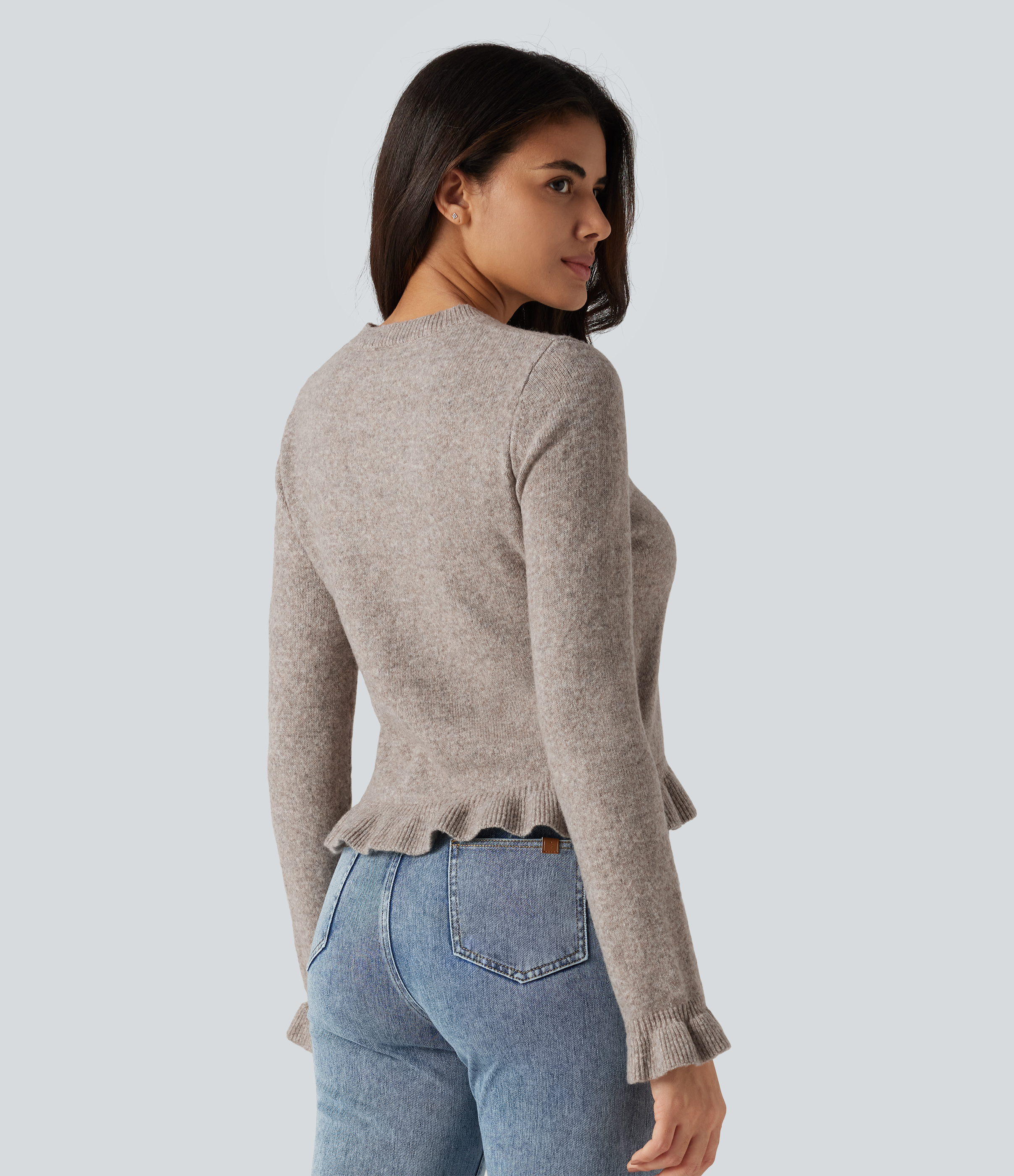 Chateau Gray Round Neck Ruffle Long Sleeve Work Wool-Blend Cardigan / 2