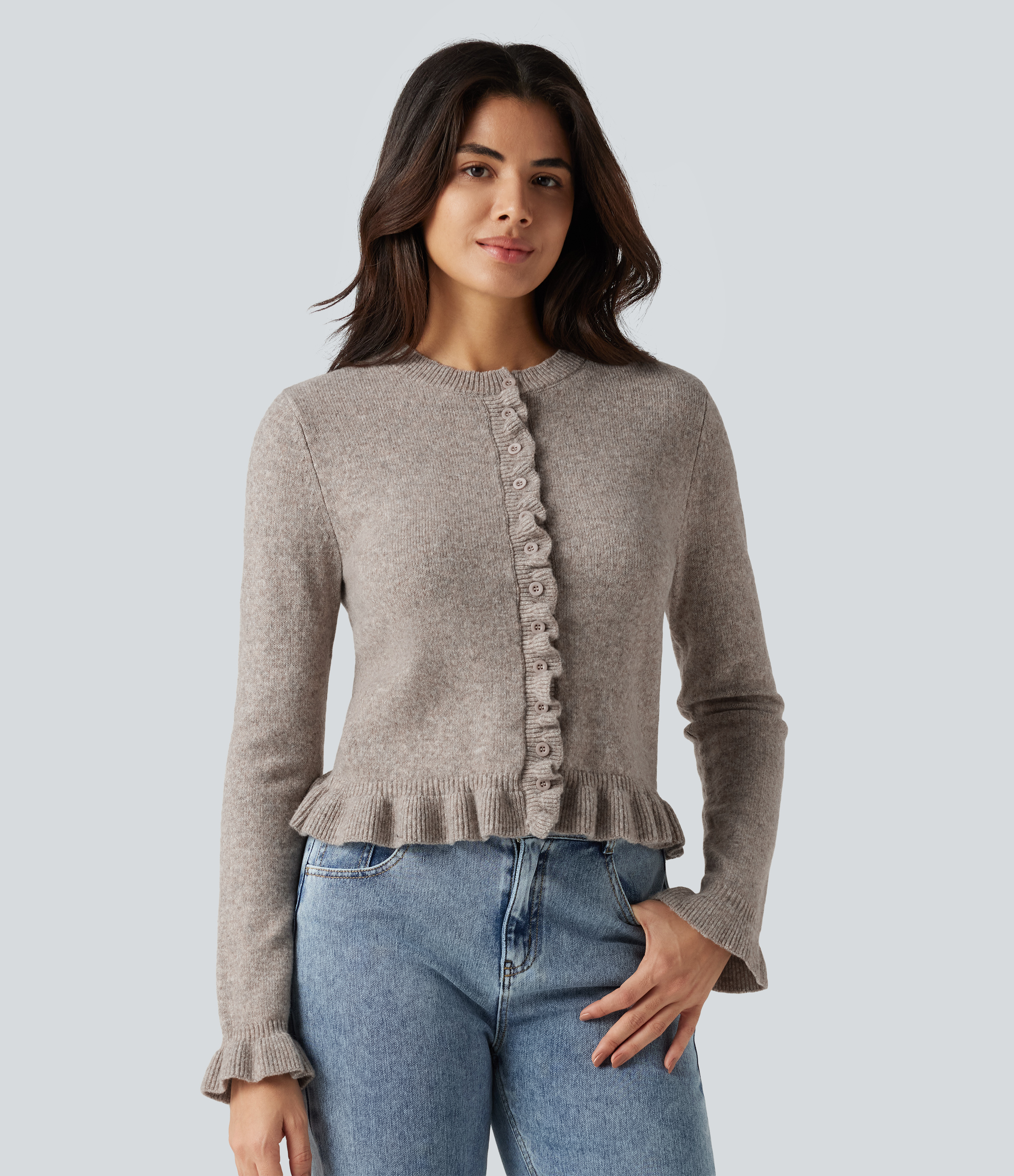 Round Neck Ruffle Long Sleeve Work Wool-Blend Cardigan