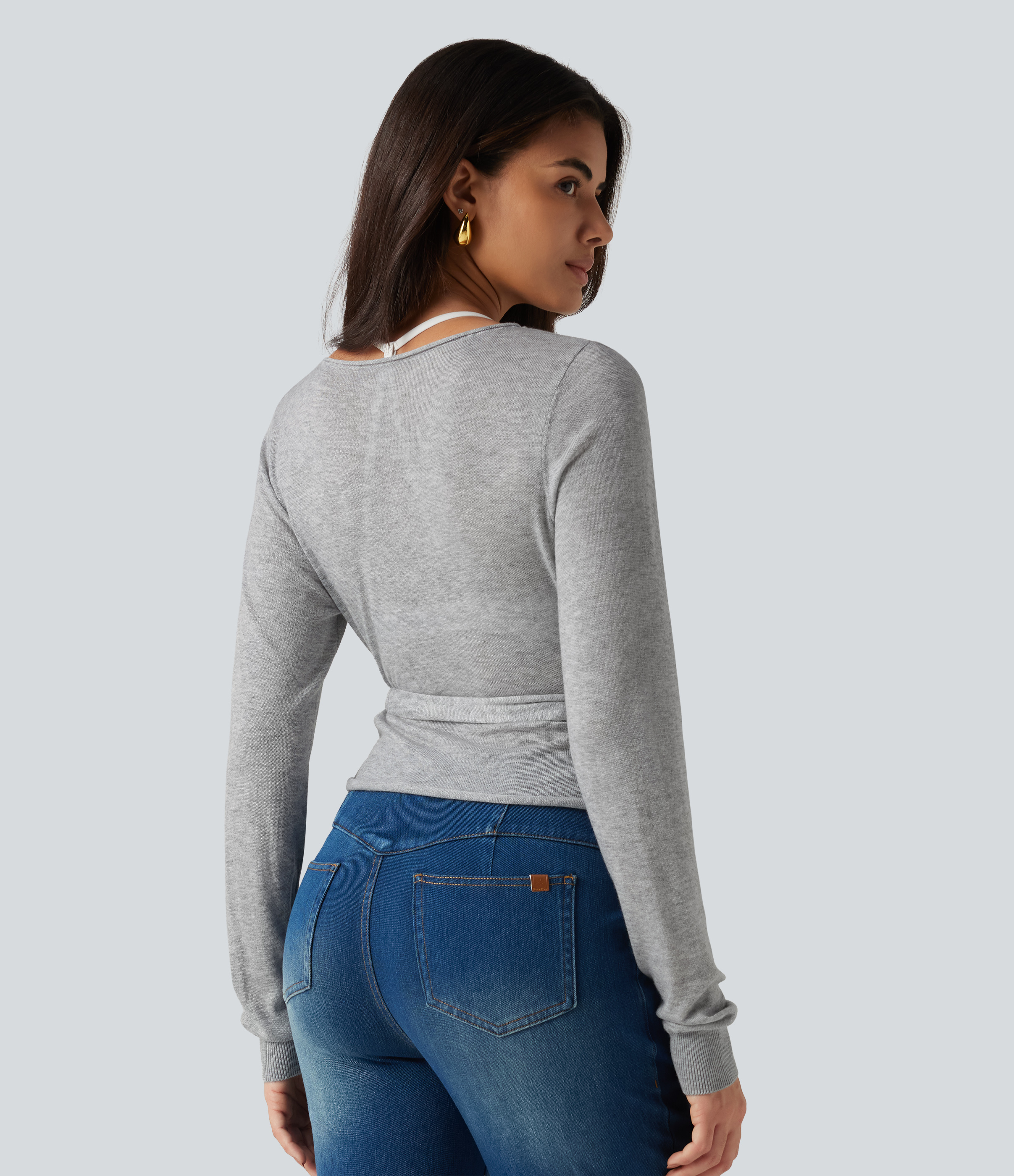 Fog Gray Long Sleeve Tie Side Casual Cardigan / 2