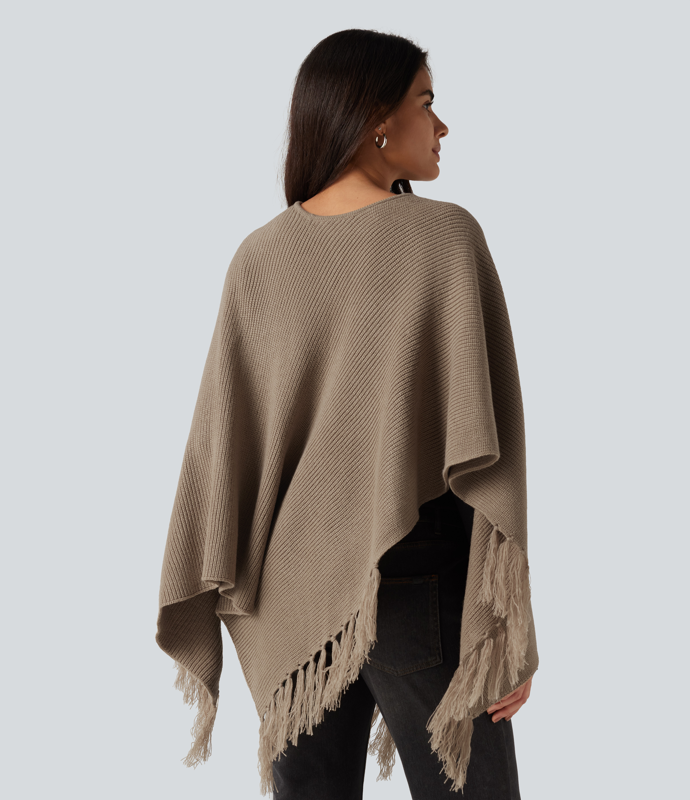 Dark Reddish Brown Boat Neck Fringe Poncho Cape Casual Jumper / 2
