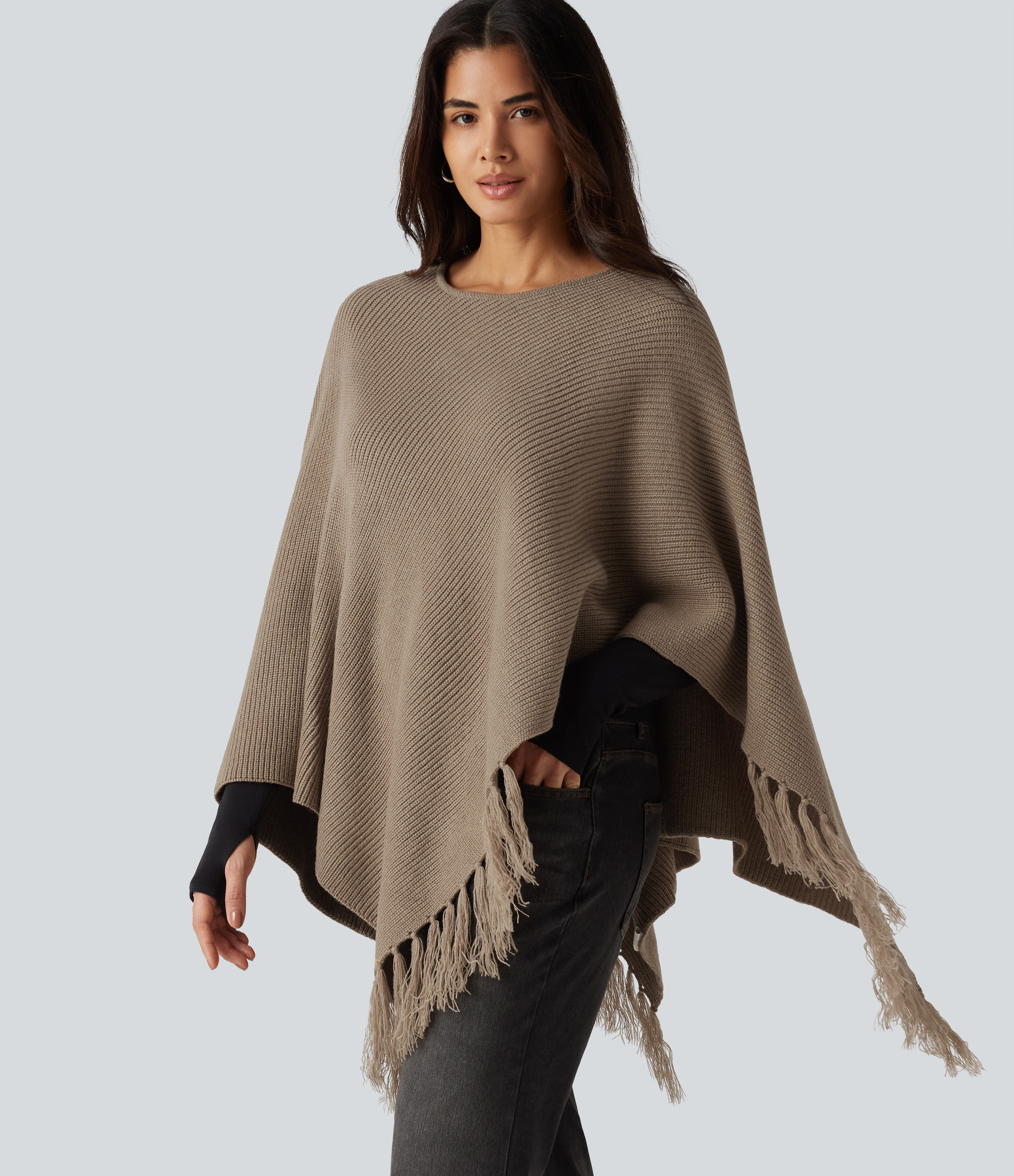 Boat Neck Fringe Poncho Cape Casual Sweater
