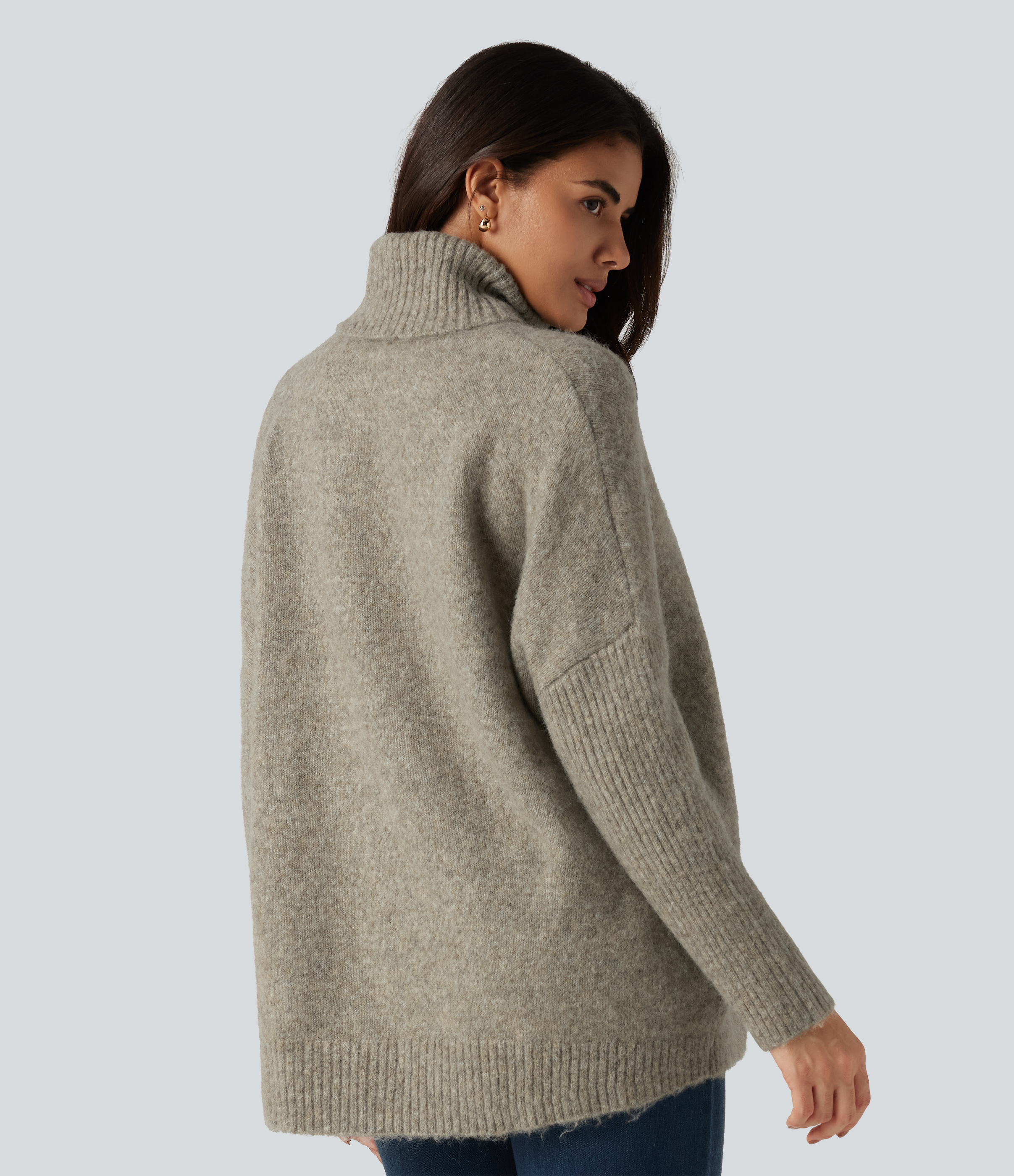 Khaki Floral Yarn Oversized volnočasový svetr s vysokým límcem a dlouhými rukávy / 2