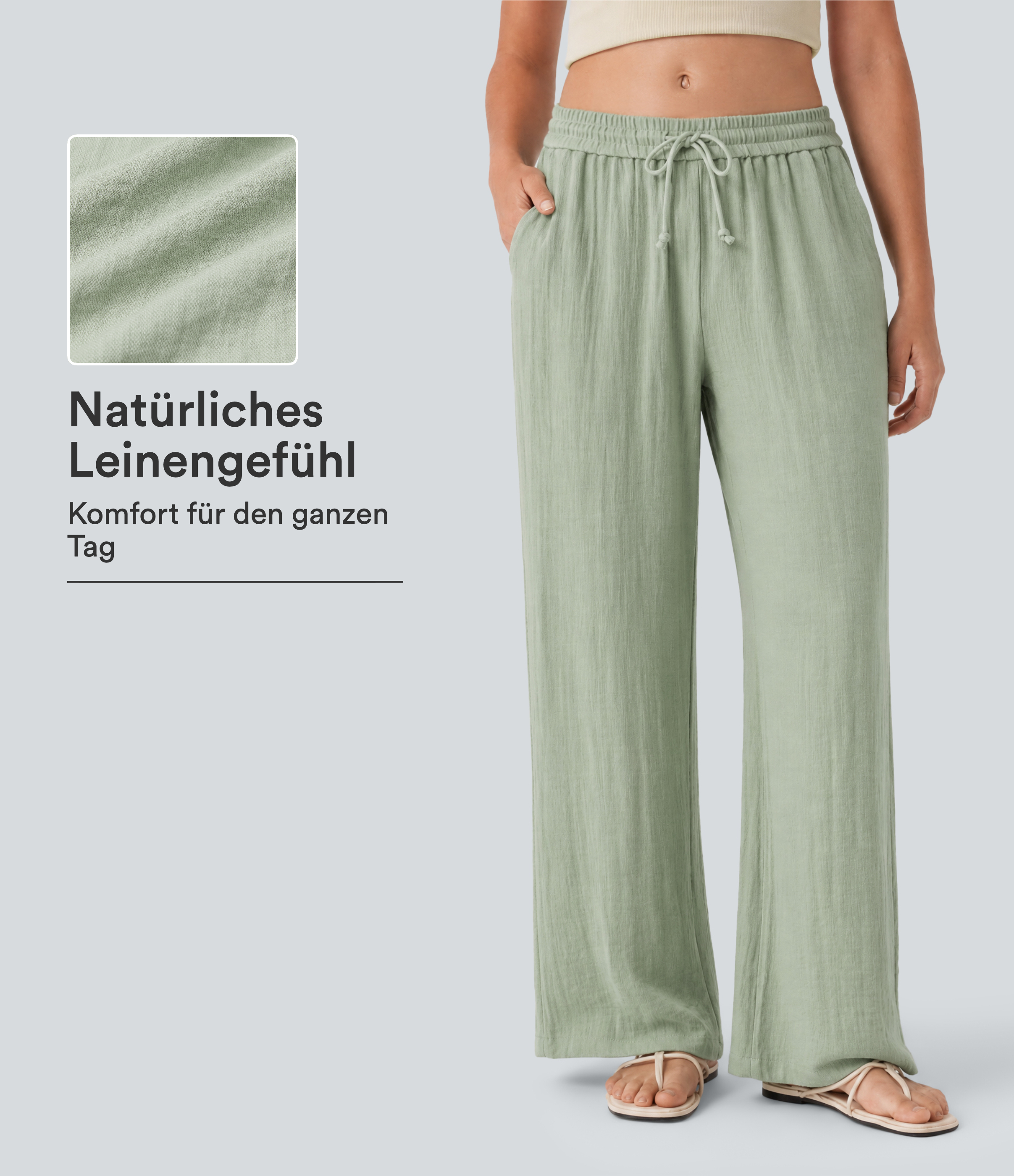 Lässige Baggy-Hose in Leinenoptik mit niedrigem Bund, Seitentaschen und Kordelzug