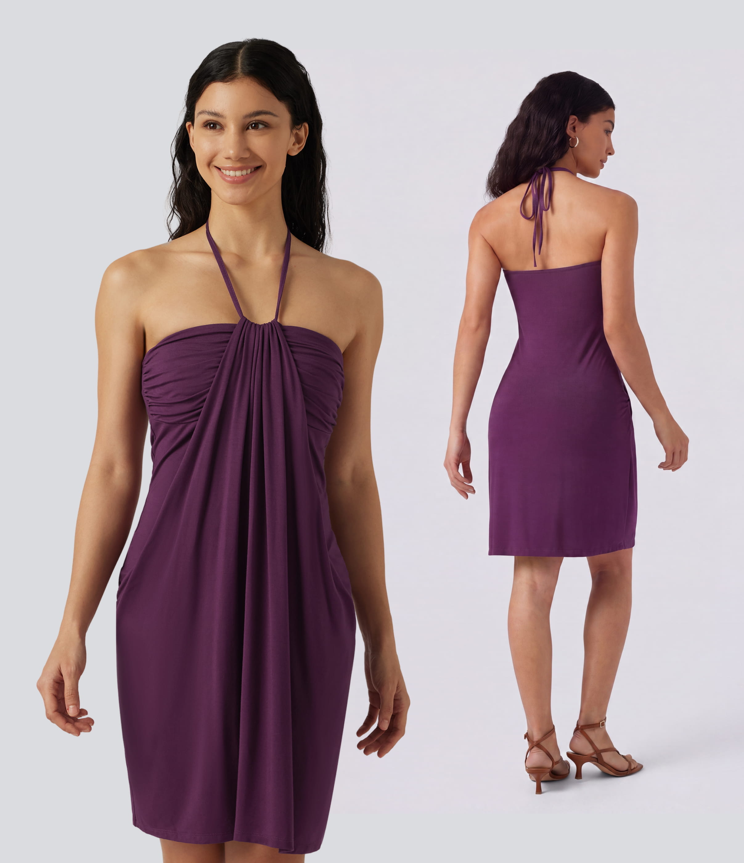 Halter Tie Back Built-in Bra Mini Resort Dress with Pockets