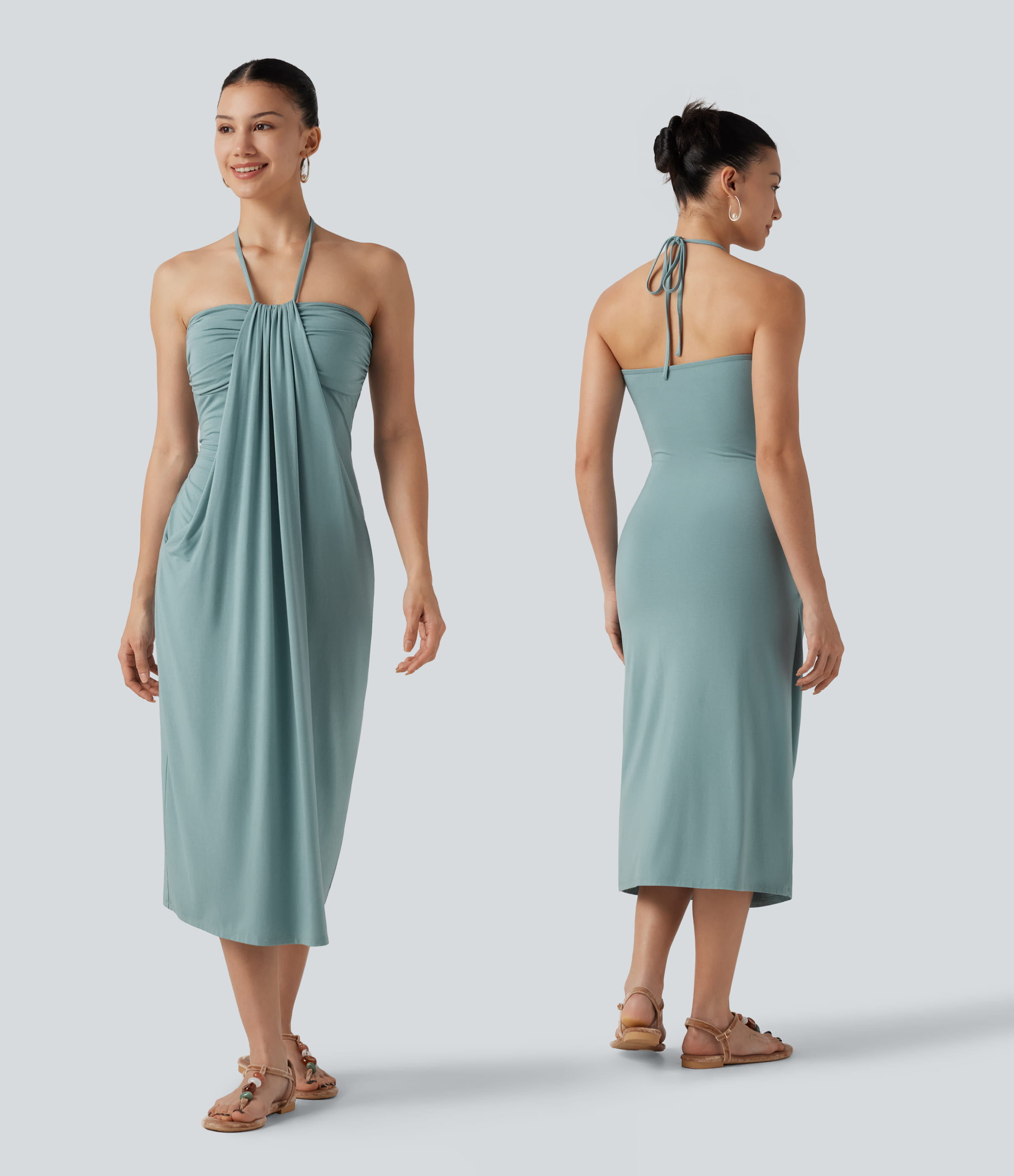 Halter Tie Back Built-in Bra Midi Resort Dress with Pockets