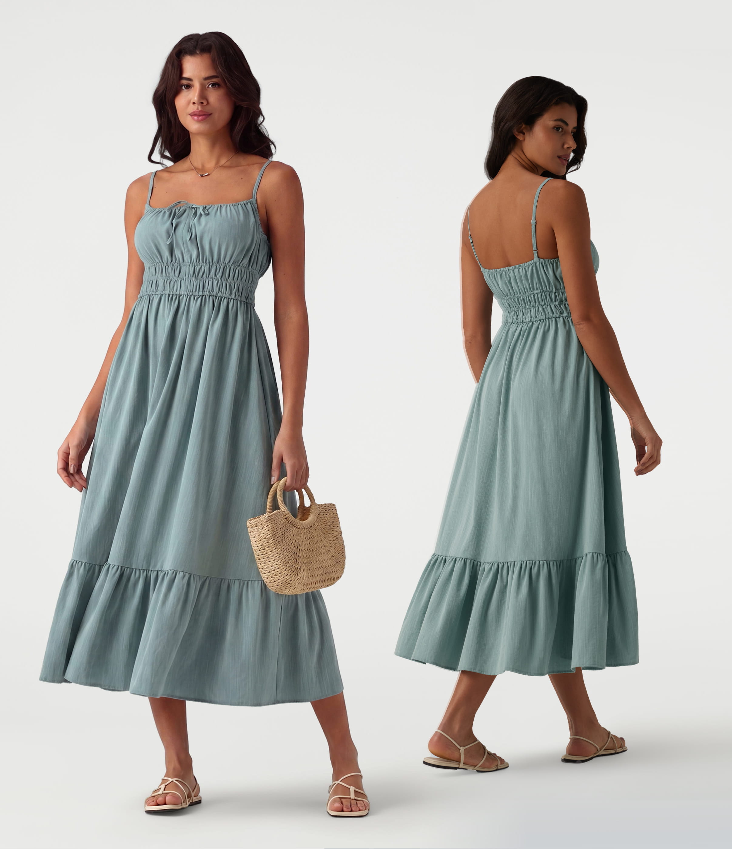 Tie Front Flowy Midi Casual Linen-Feel Slip Dress