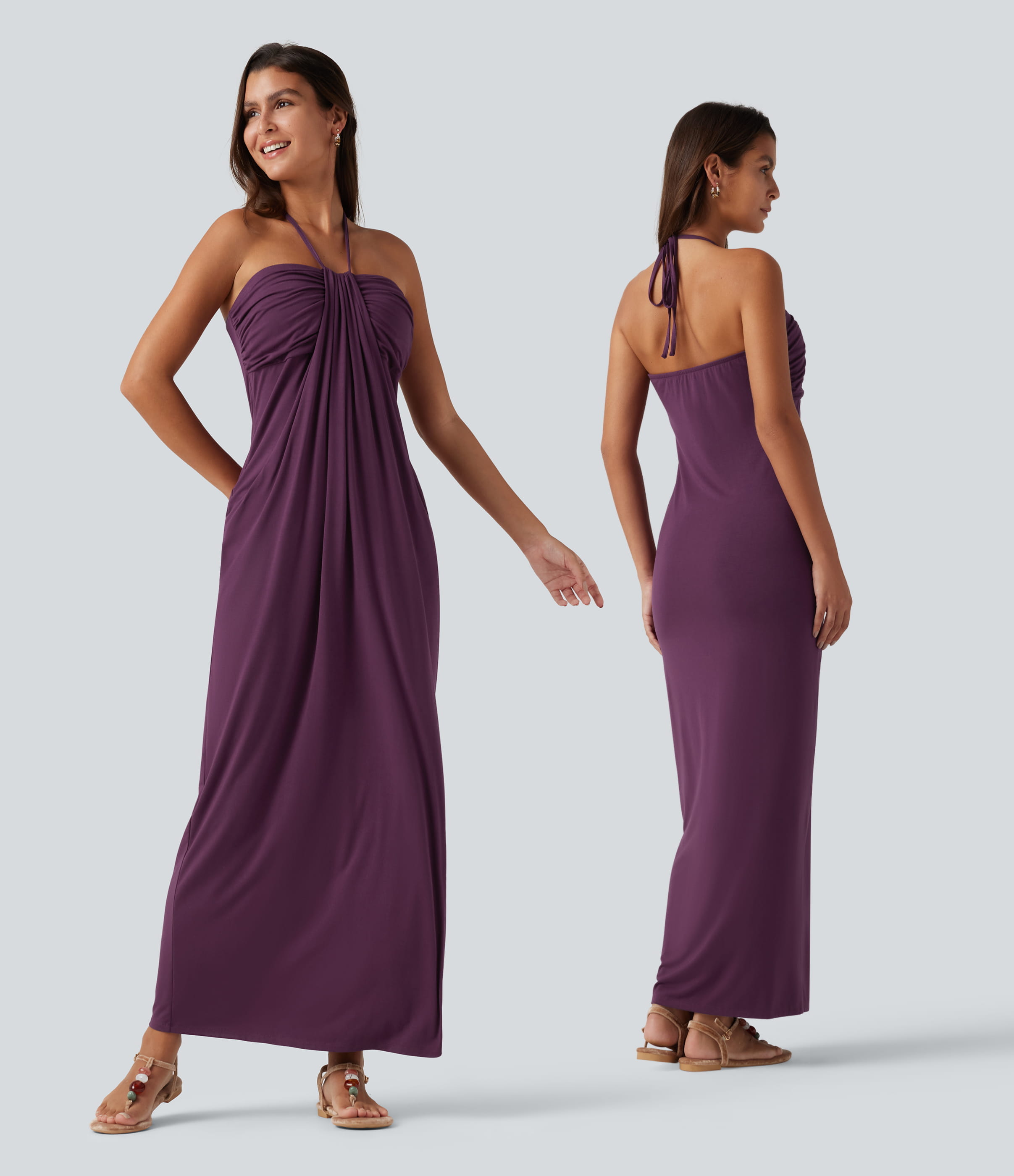 Robe maxi halter à nouer dans le dos, avec soutien-gorge intégré et poches, bonnets DD-F