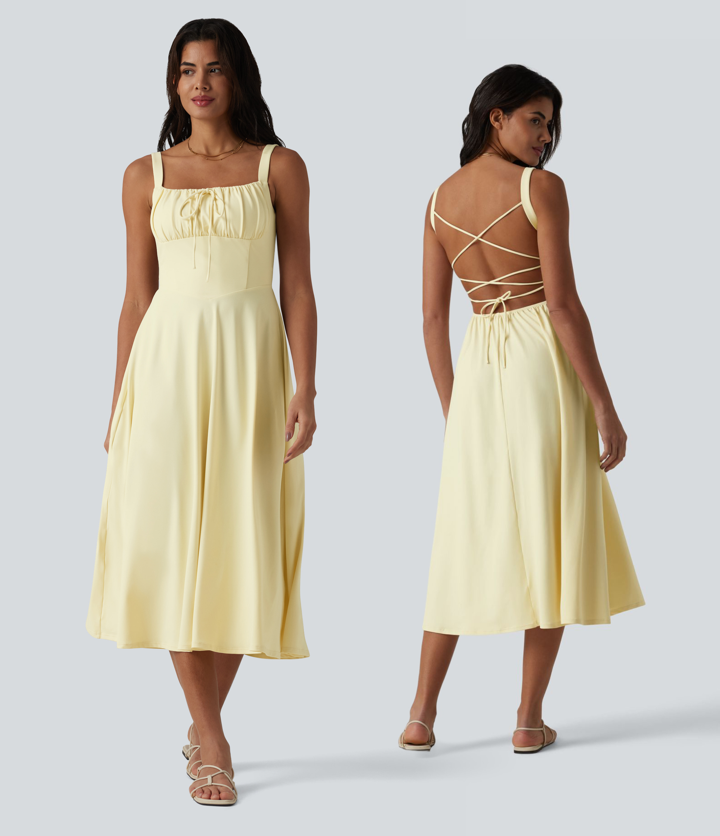 Crisscross Backless Square Neck Sleeveless Ruched Built-in Bra Midi Resort Flowy Dress