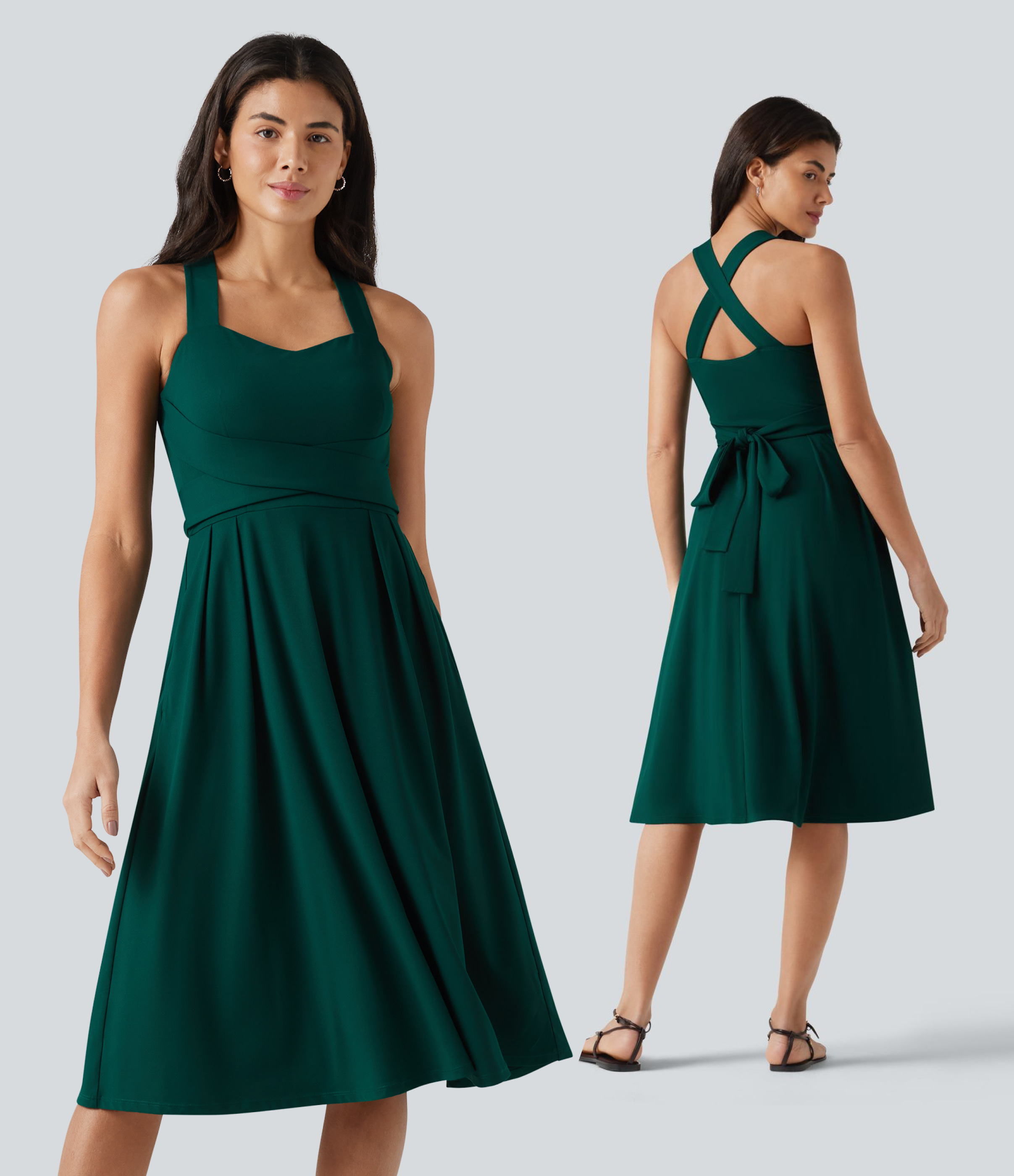 Sweetheart Neck Sleeveless Crisscross Tie-back Midi Casual Flowy Dress with Pockets