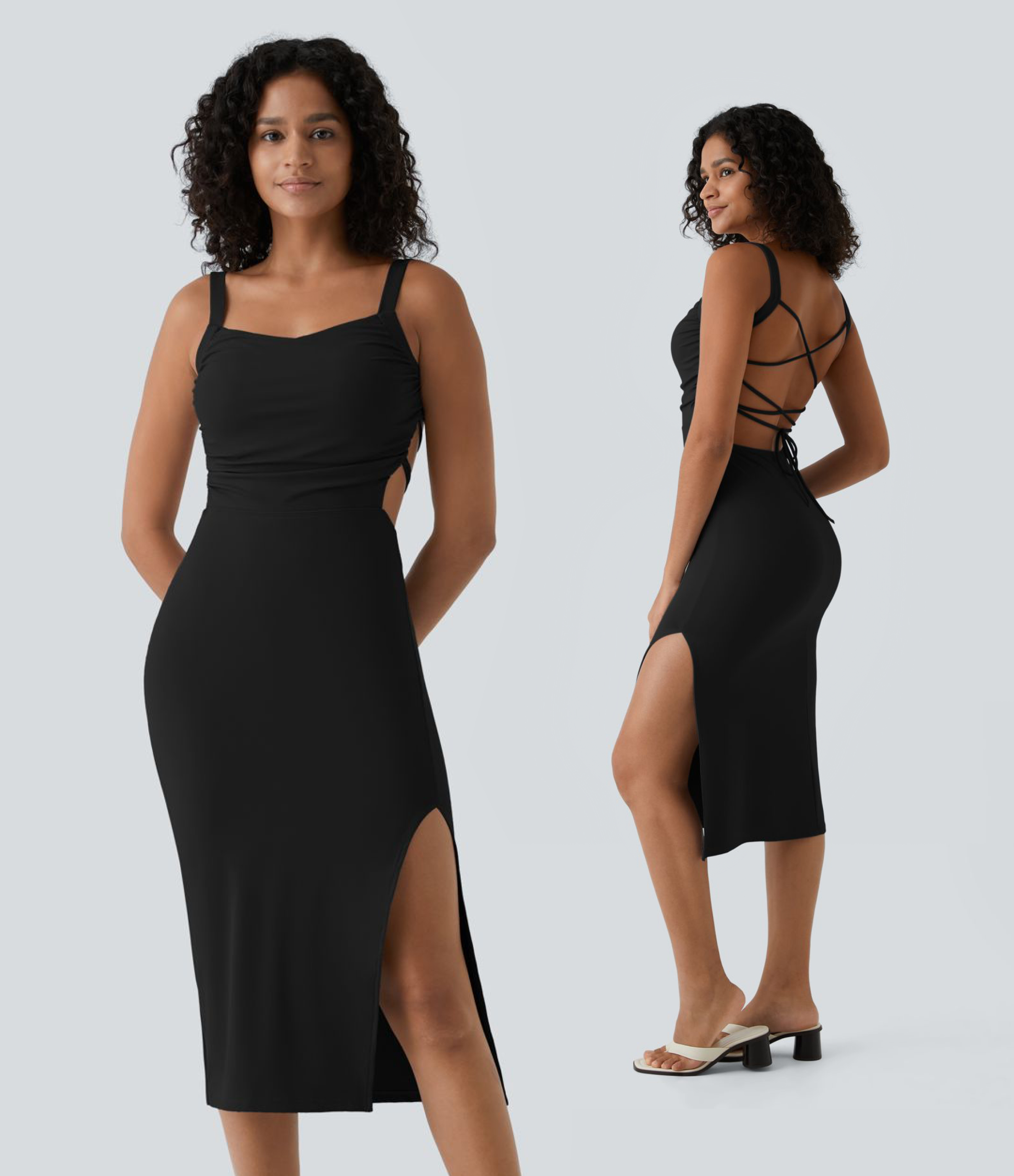 Robe midi moulante et décontractée en dentelle, froncée et à laçage