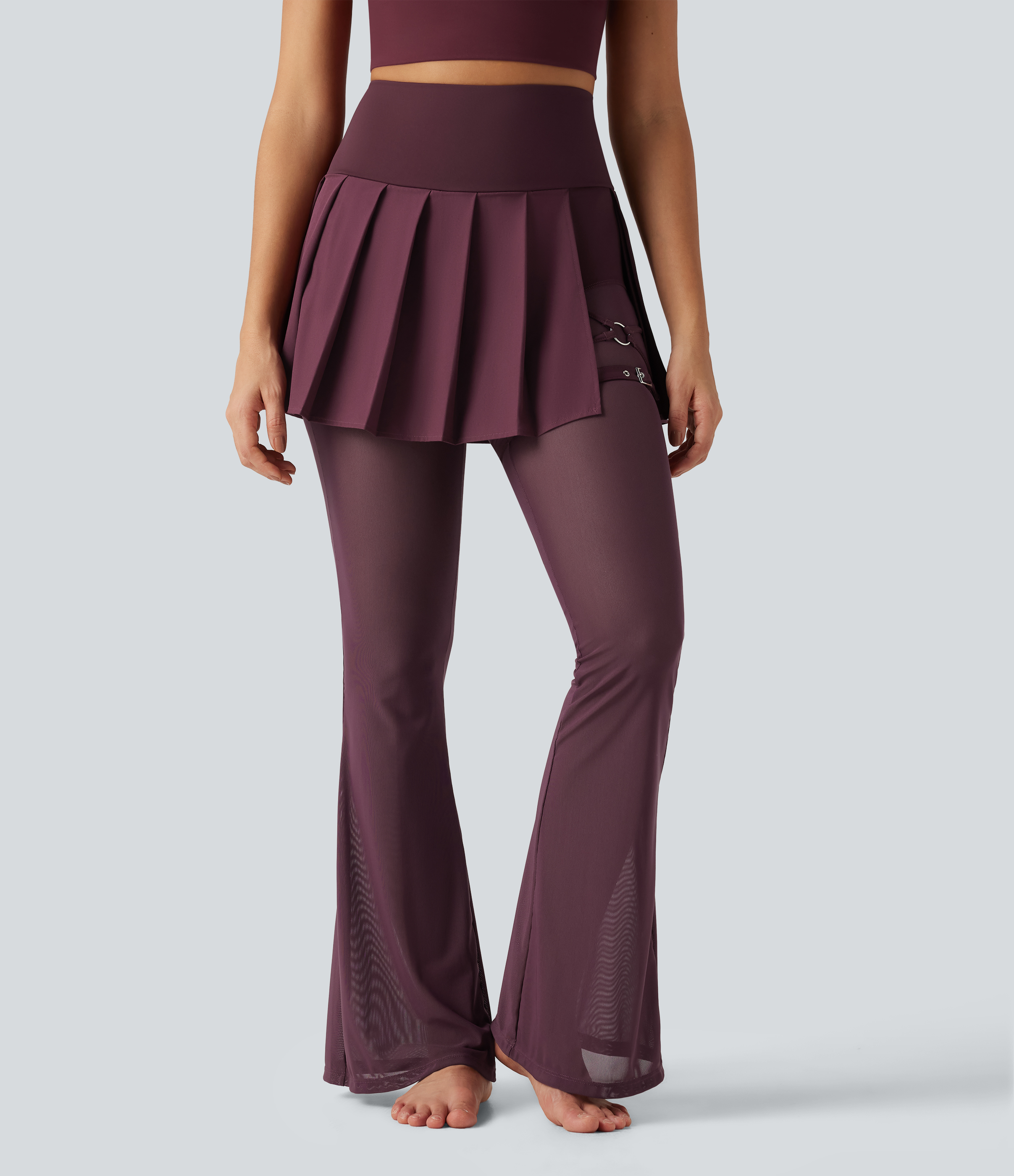 Breezeful™ High Waisted Pleated 2-in-1 Contrast Mesh Quick Dry Flare Dance Skirted Leggings with Pockets