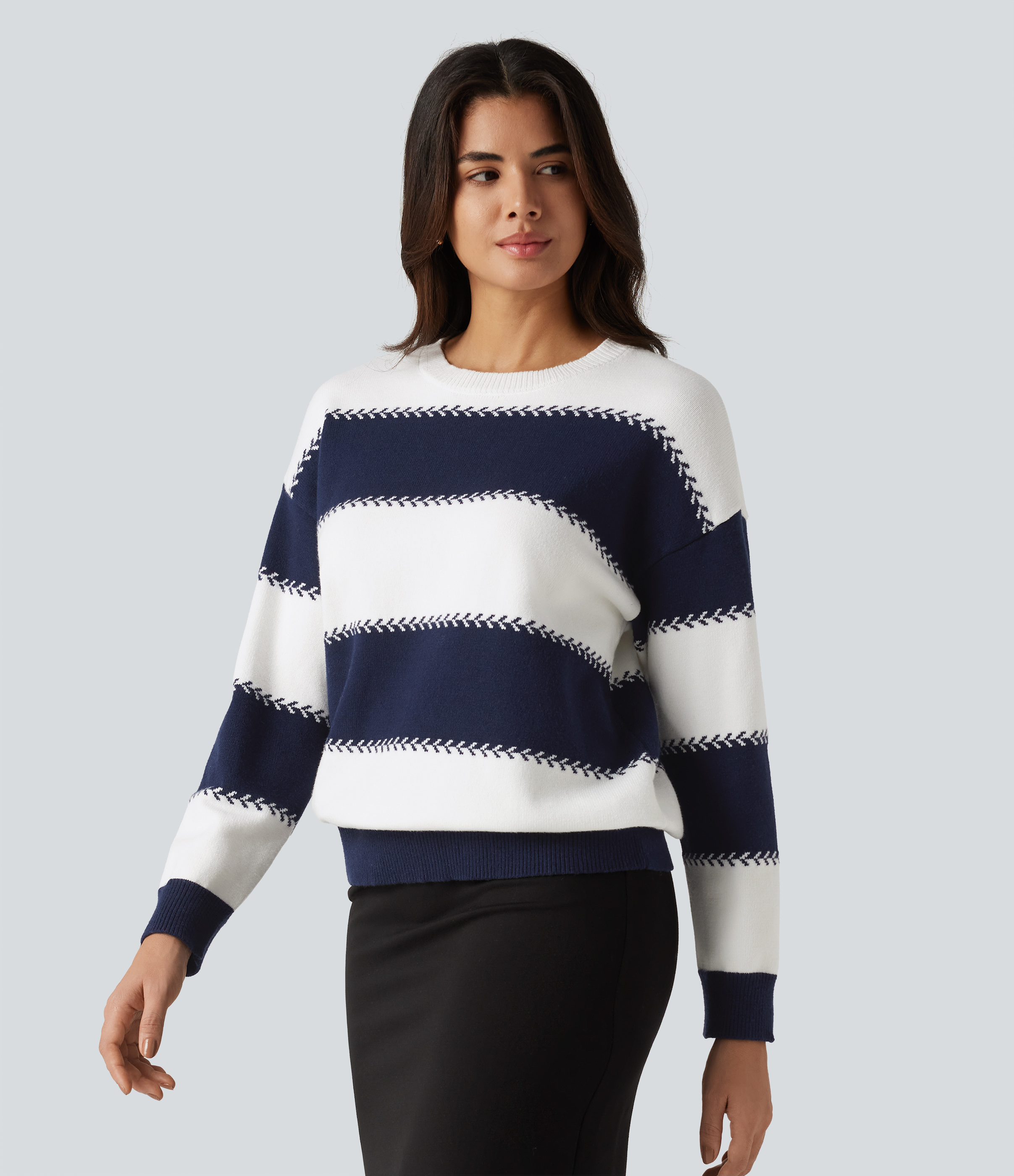 Round Neck Long Sleeve Stripe Casual Sweater