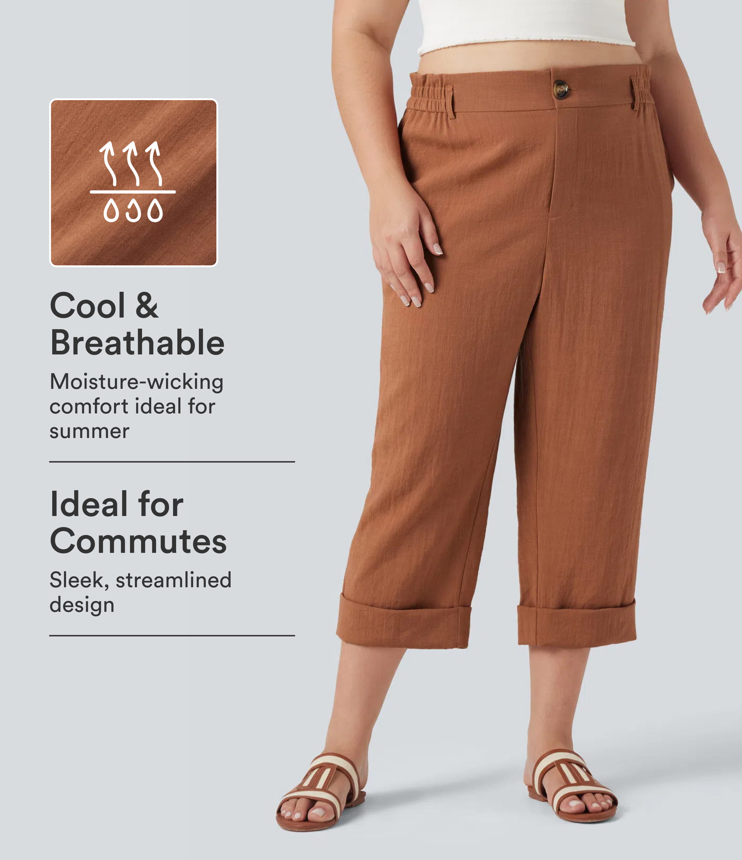 High Waisted Capri Linen-Feel Resort Plus Size Pants with Pockets