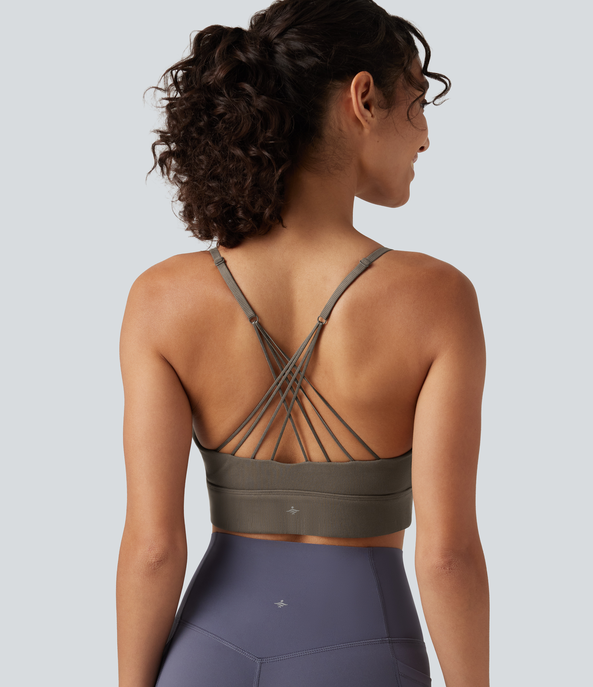 Ribbed Knit Low Support V Neck Built-in Bra Crisscross Yoga Sports Bra