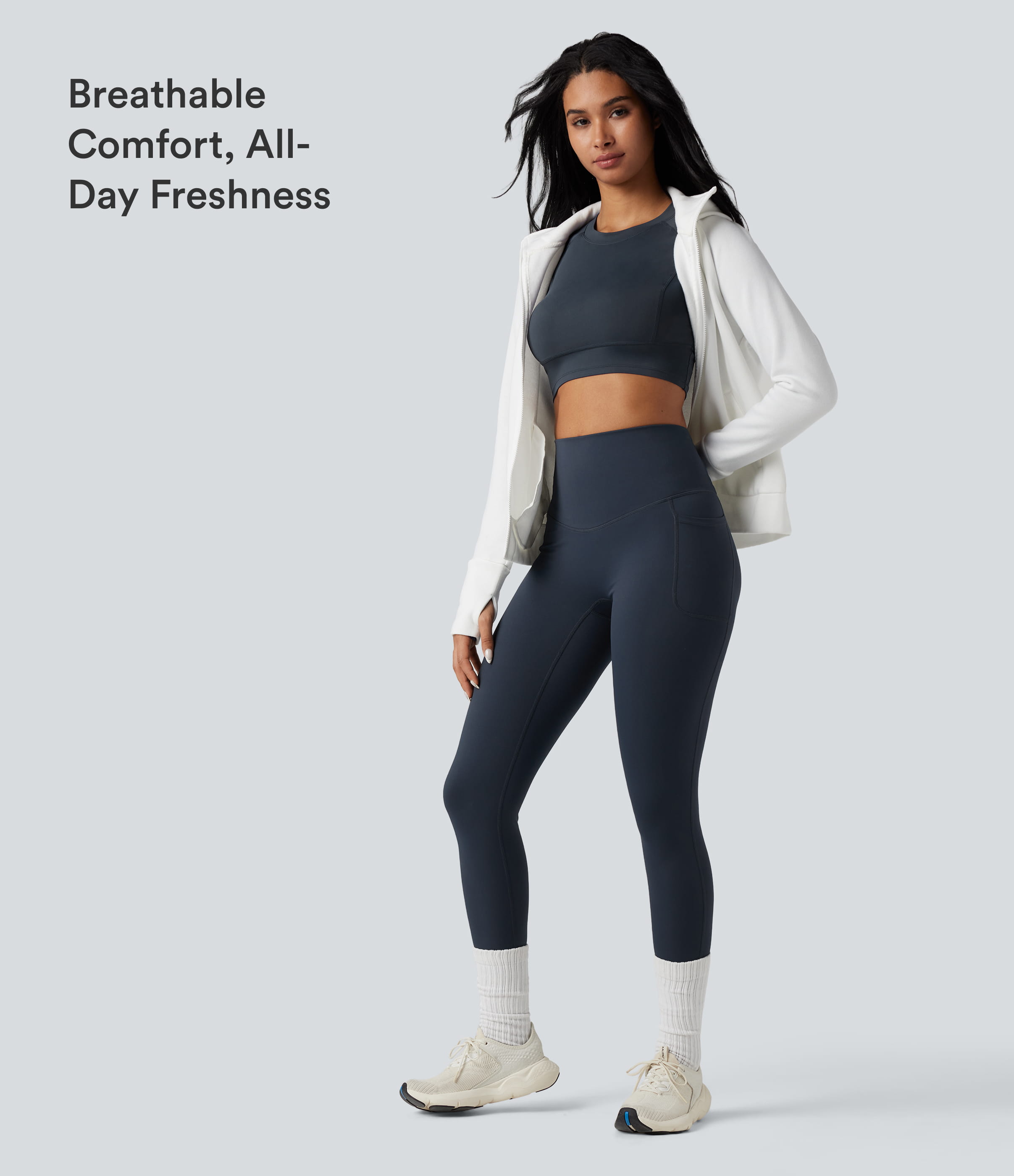 Blueberry Halara Ultrasculpt™ Heat High Waisted Tummy Control Crossover Back Fleece Running Leggings with Pockets / 2