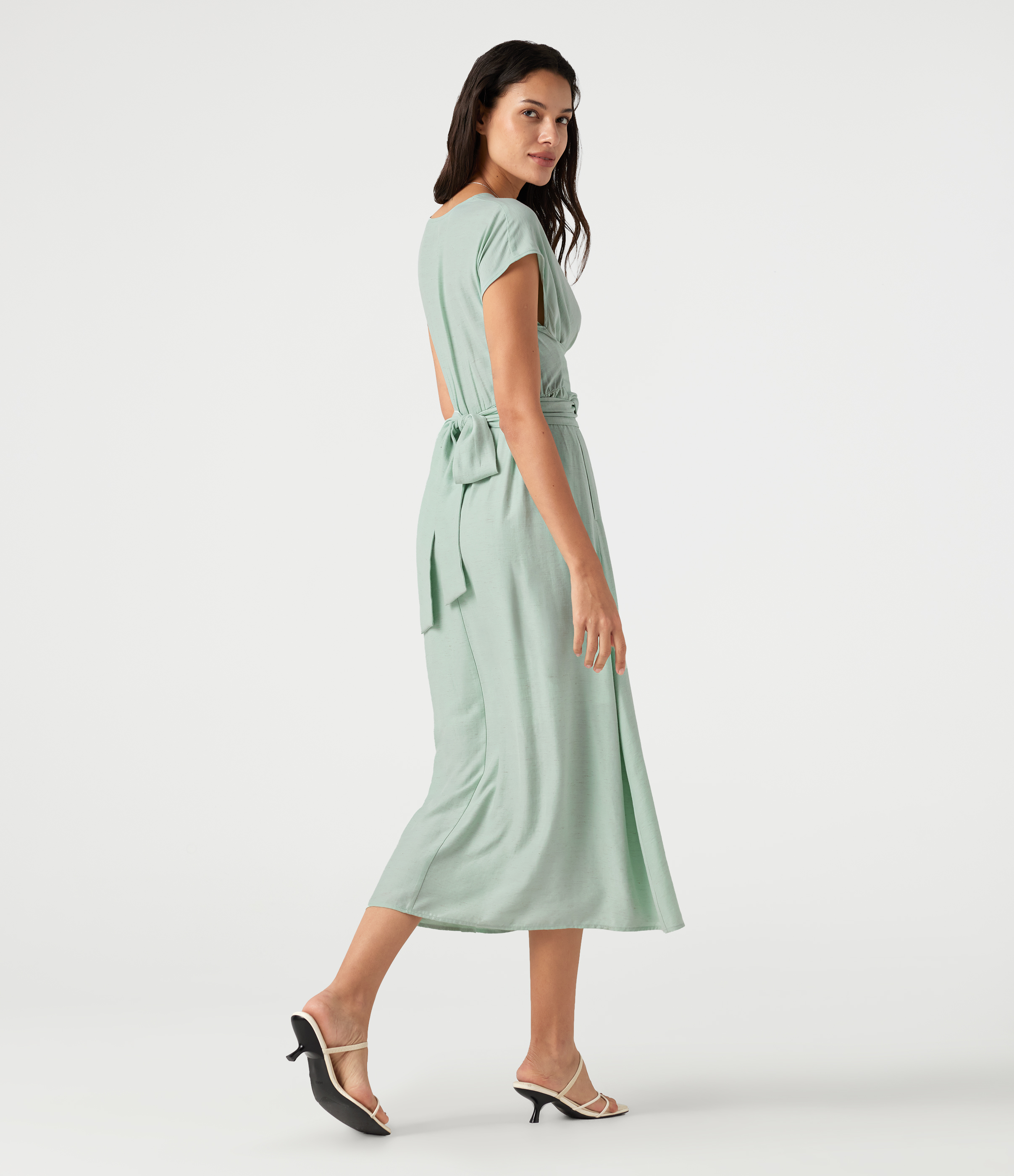 Silt Green Midi-Kleid aus Leinenmischung mit V-Ausschnitt, kurzen Ärmeln, Bindeband hinten, lockerem Fall und Taschen / 2