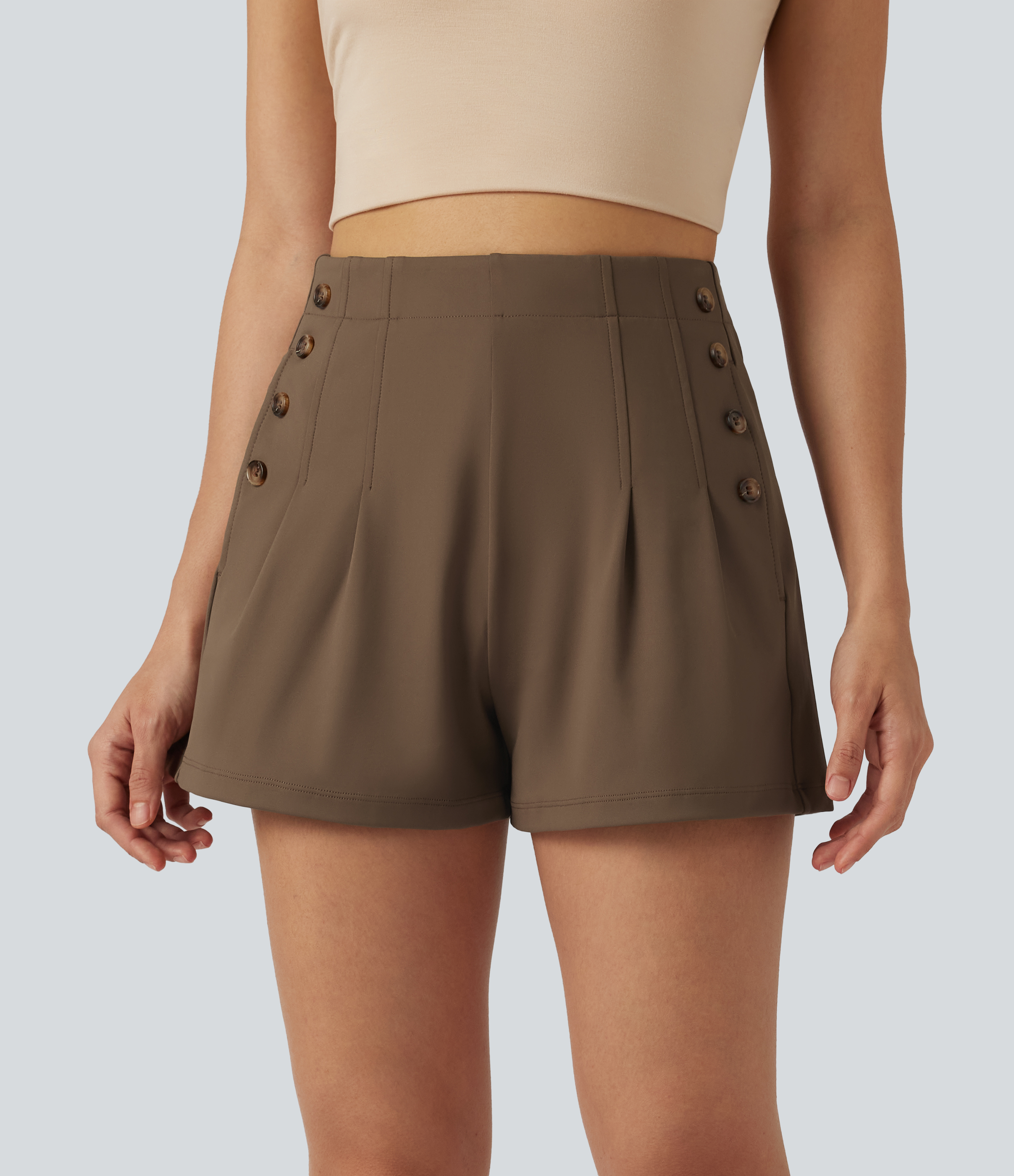 Sepia DayStretch Pantaloncini casual larghi a vita alta con bottoni decorativi e tasche, 3'' / 1
