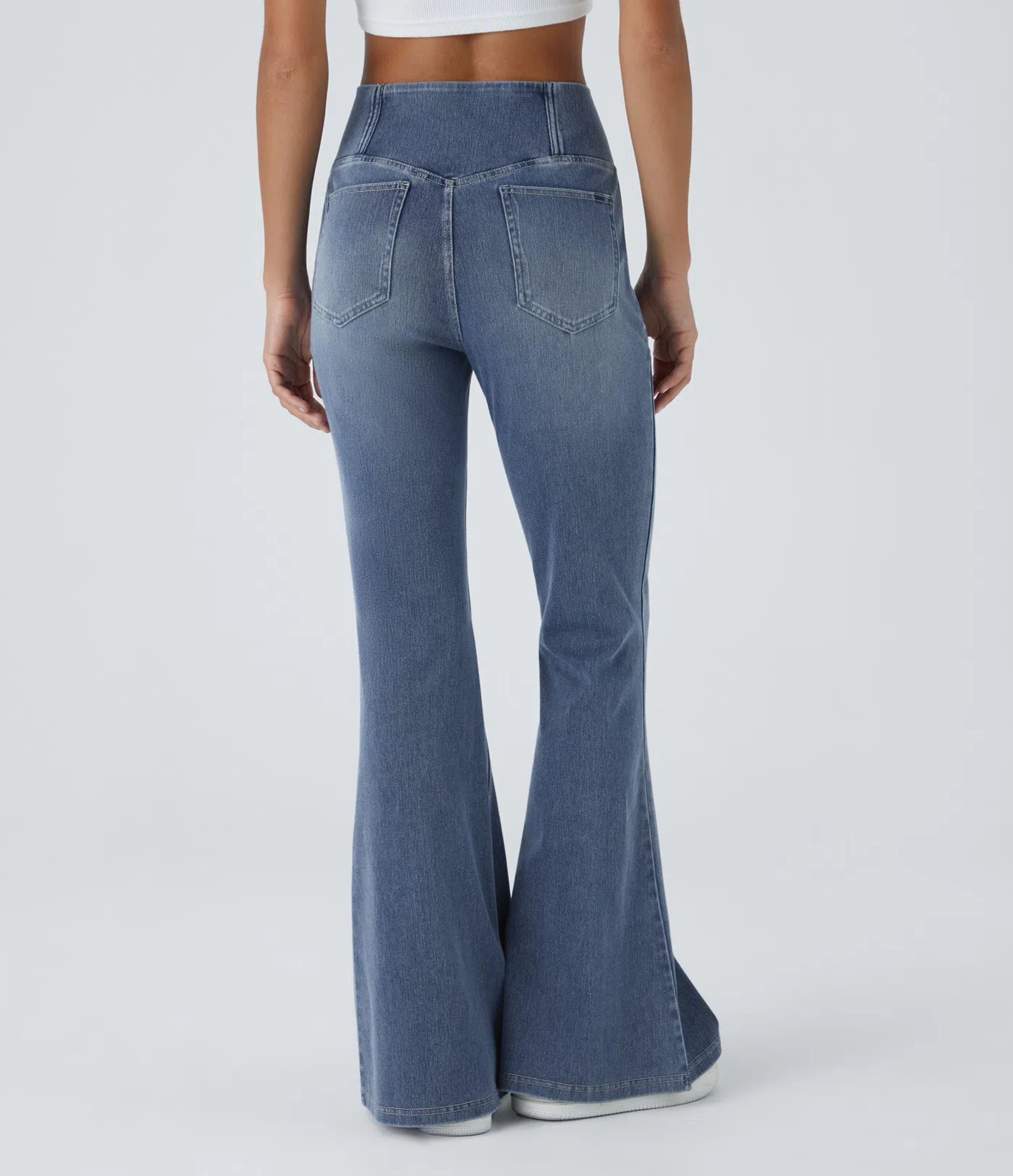 Blue Gray Denim Halara Flex™ High Waisted Crossover Pocket Washed Casual Flare Jeans / 2