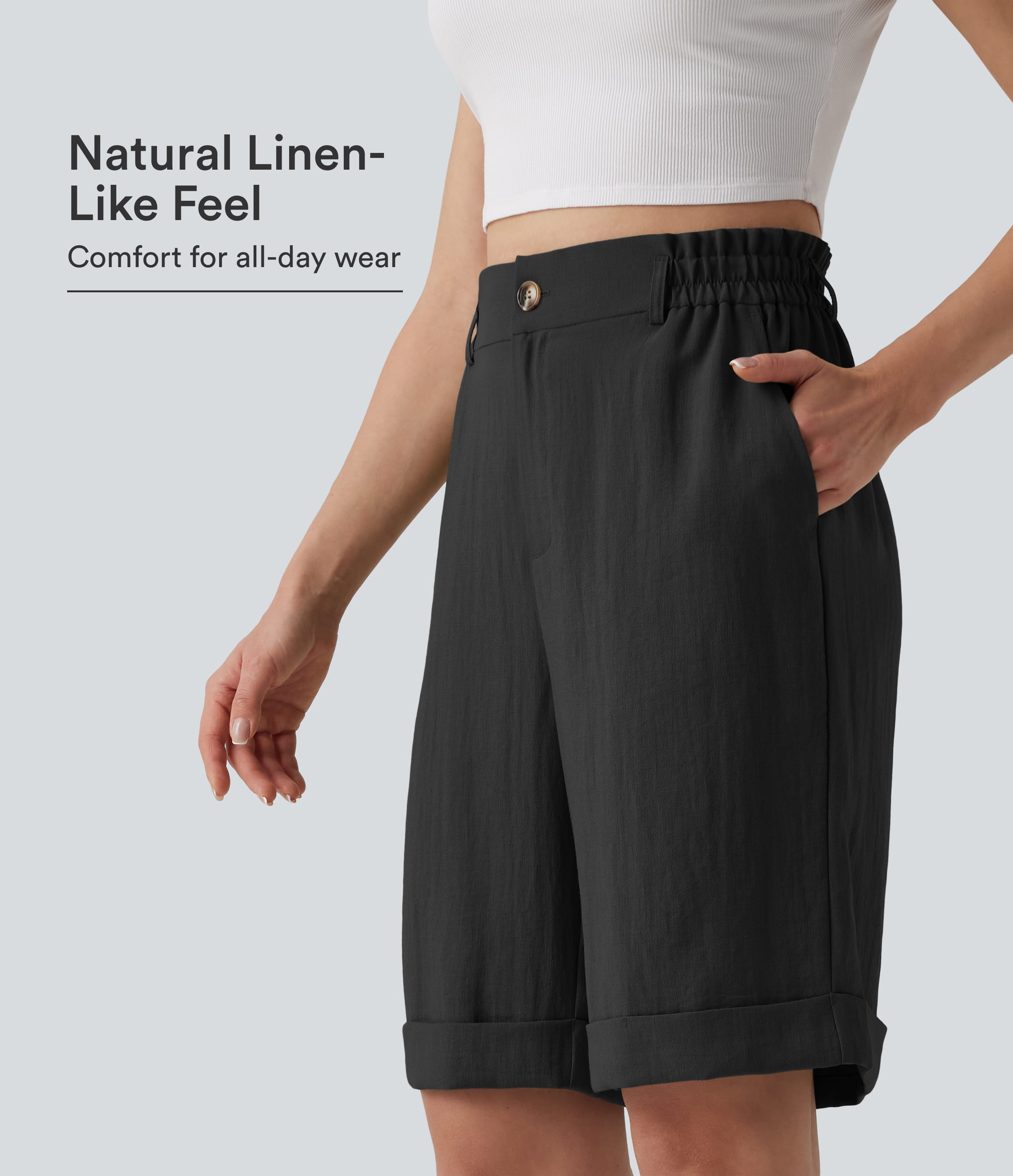 High Waisted Rolled Hem Linen-Feel Resort Bermuda Shorts 10'' with Pockets