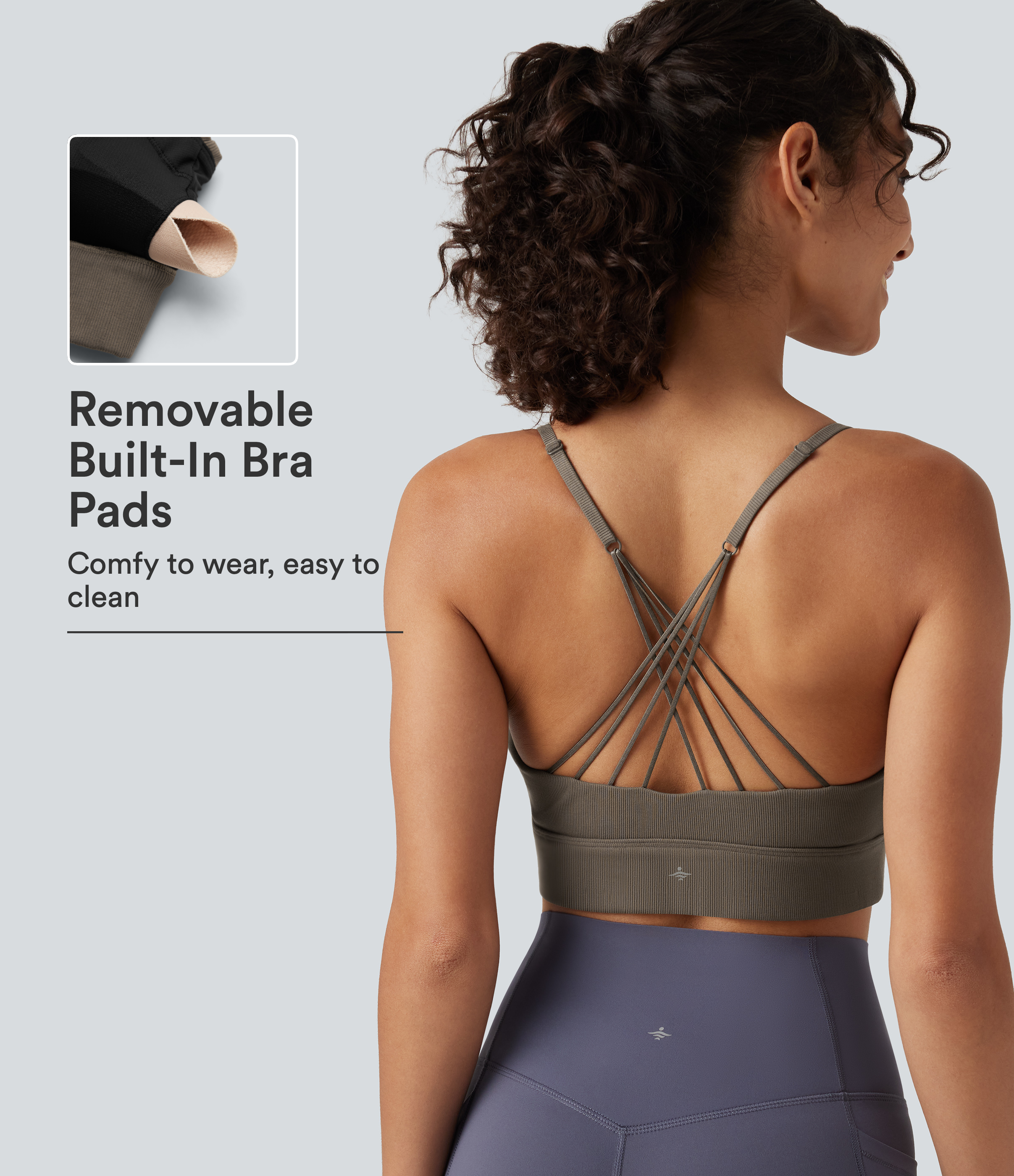 Ribbed Knit Low Support V Neck Built-in Bra Crisscross Yoga Sports Bra