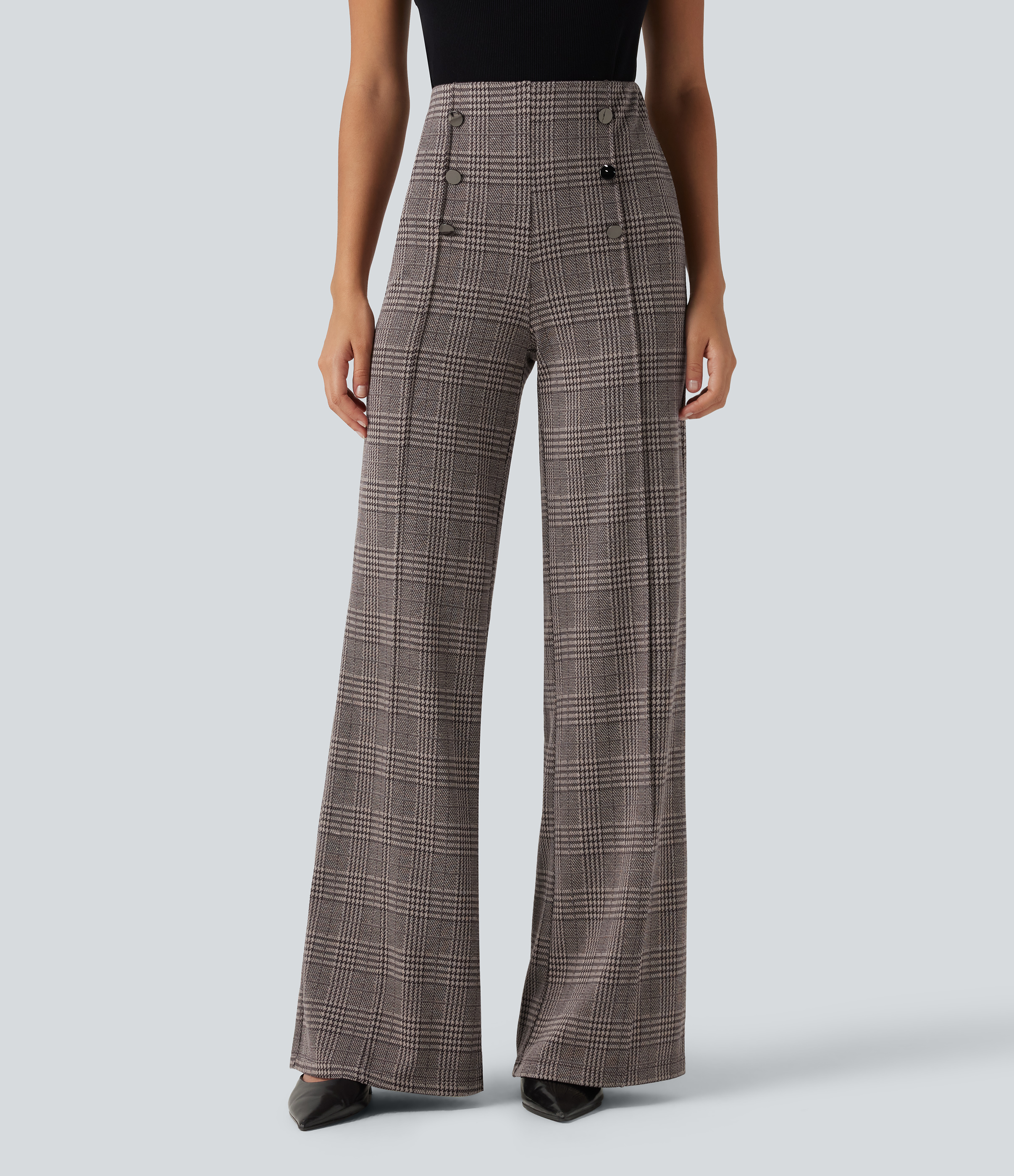 High Waisted Wide Leg Plaid Casual Pants with Pockets