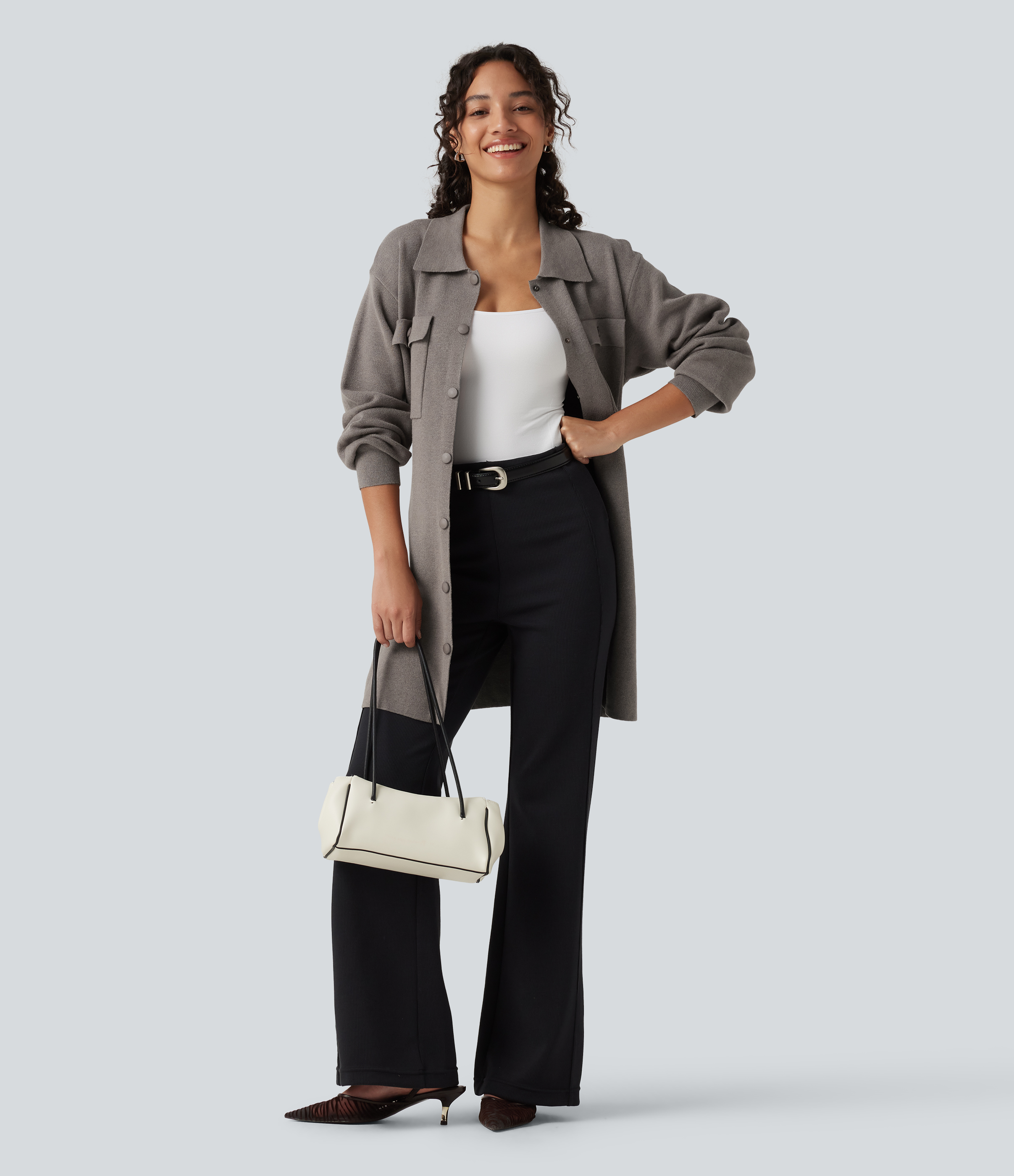 Long Sleeve Belted Longline Casual Jacket with Pockets