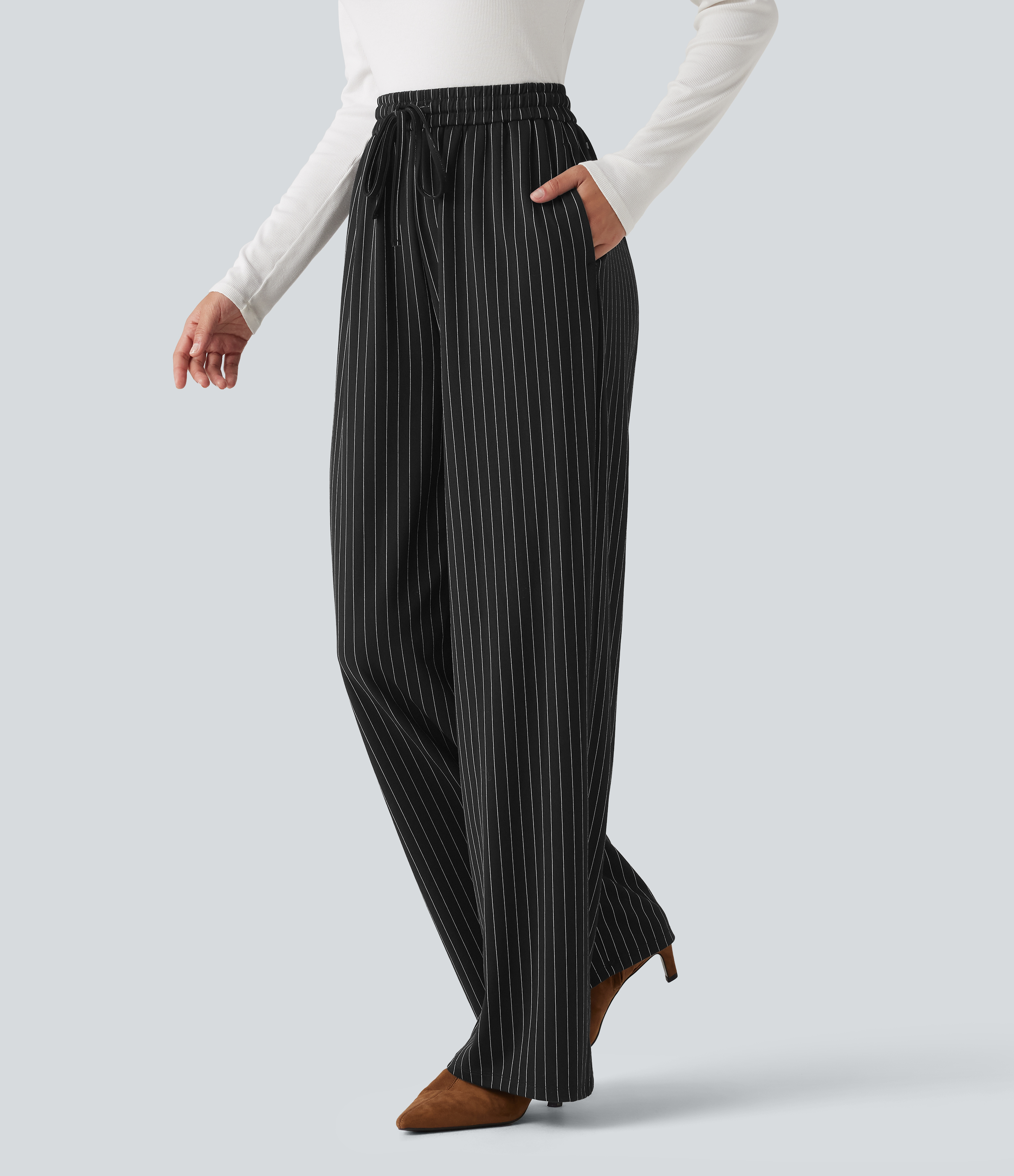 High Waisted Drawstring Stripe Baggy Casual Pants with Pockets