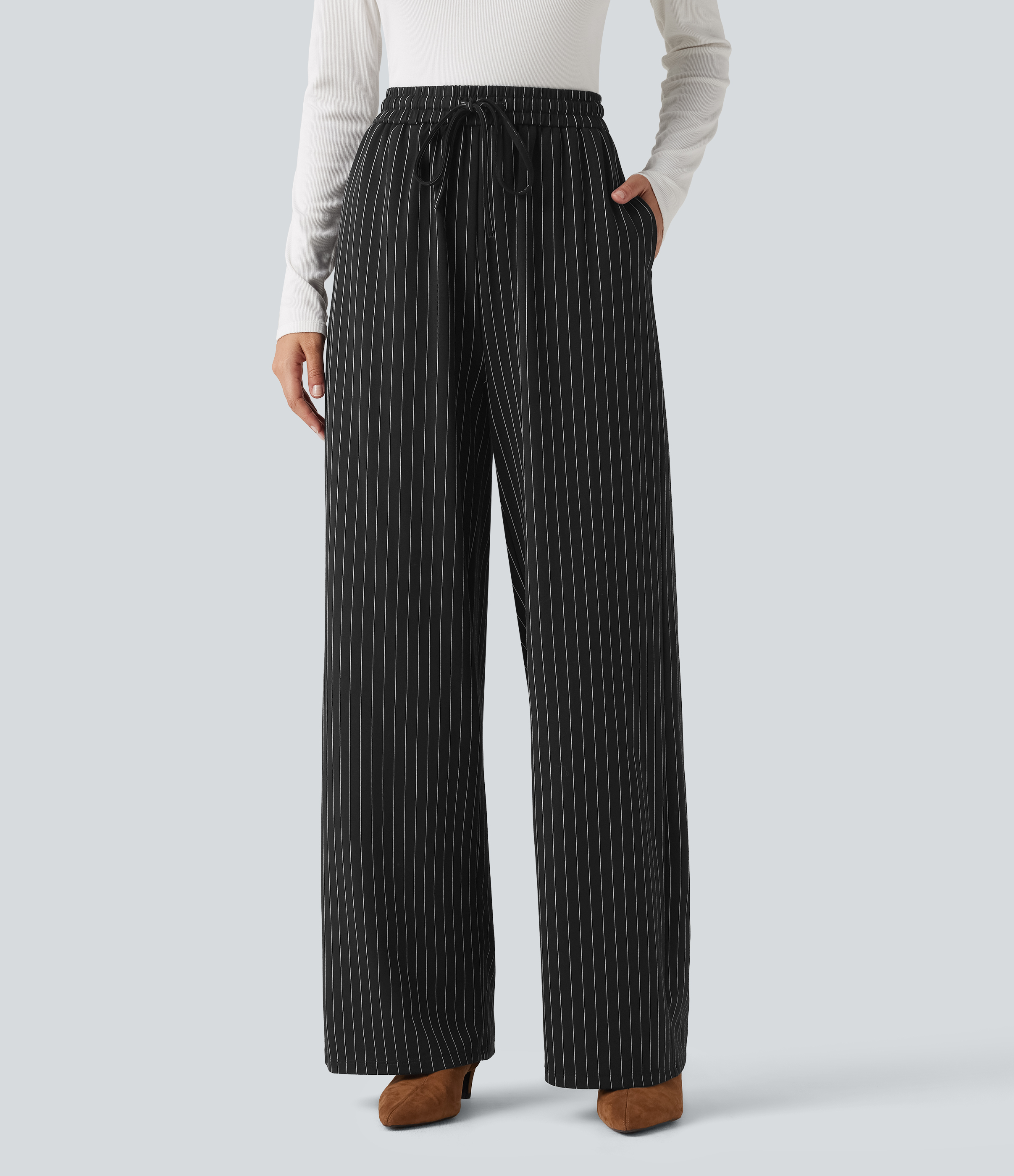 Black White Pinstripe High Waisted Drawstring Stripe Baggy Casual Pants with Pockets / 2