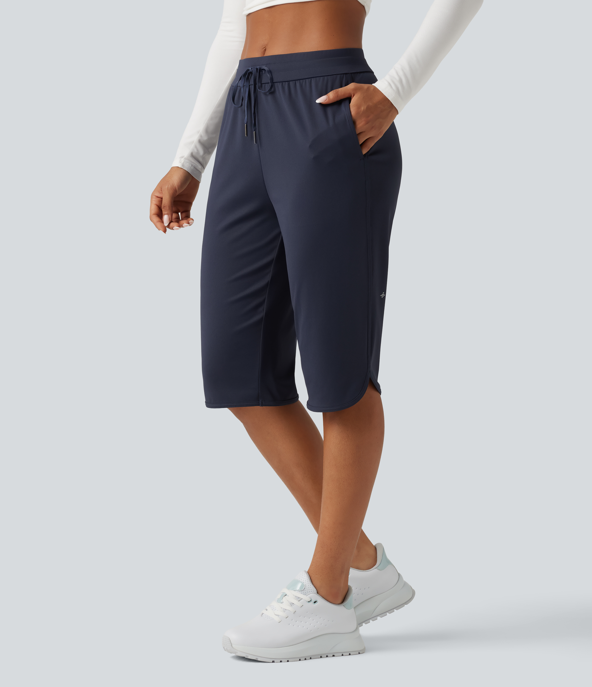 Pantalones capri de golf de talle medio con cordón, bajo curvado, de secado rápido, con bolsillos - UPF40+