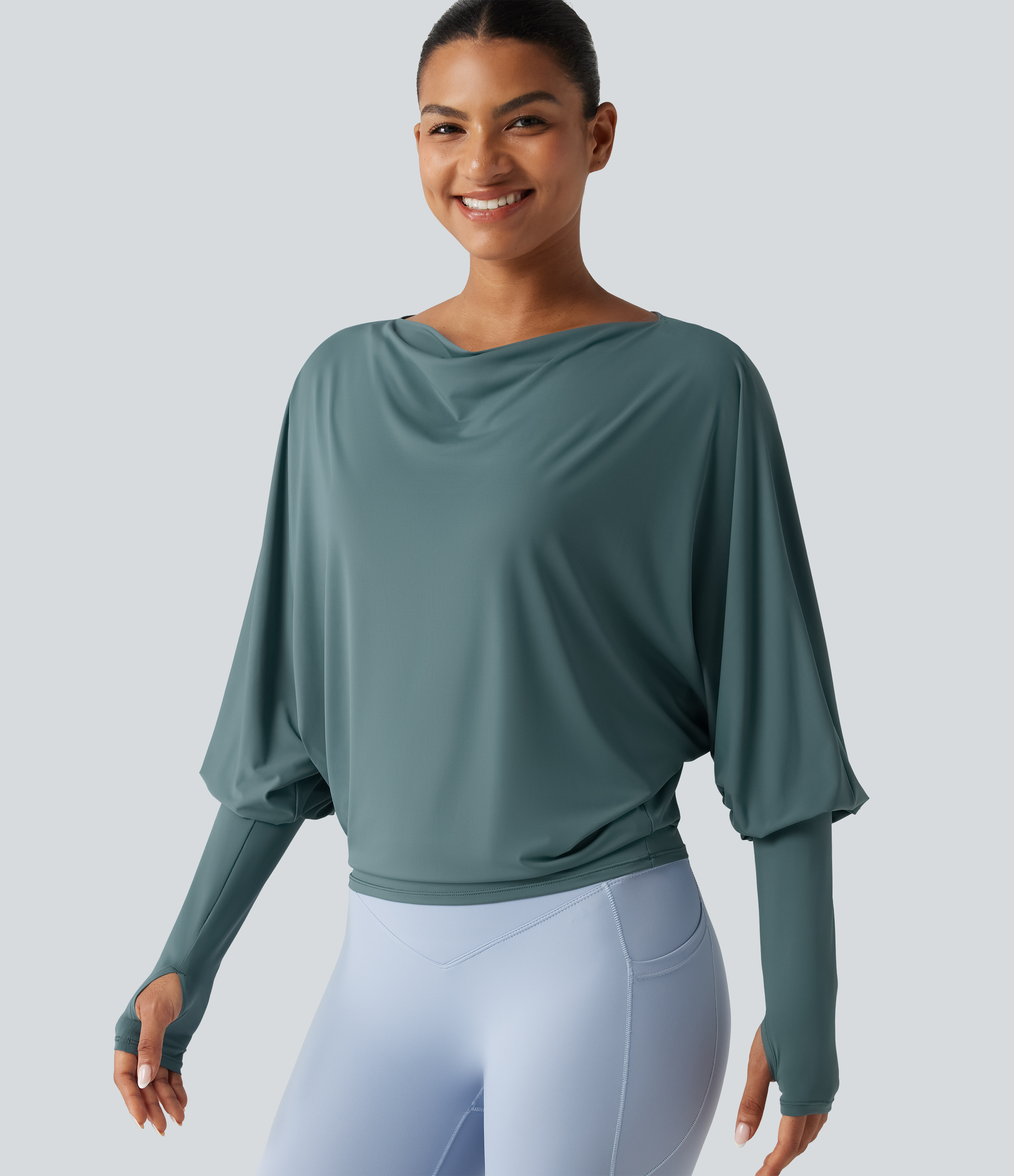 Boat Neck Long Sleeve Thumb Hole InstantCool Yoga Sports Top-UPF50+