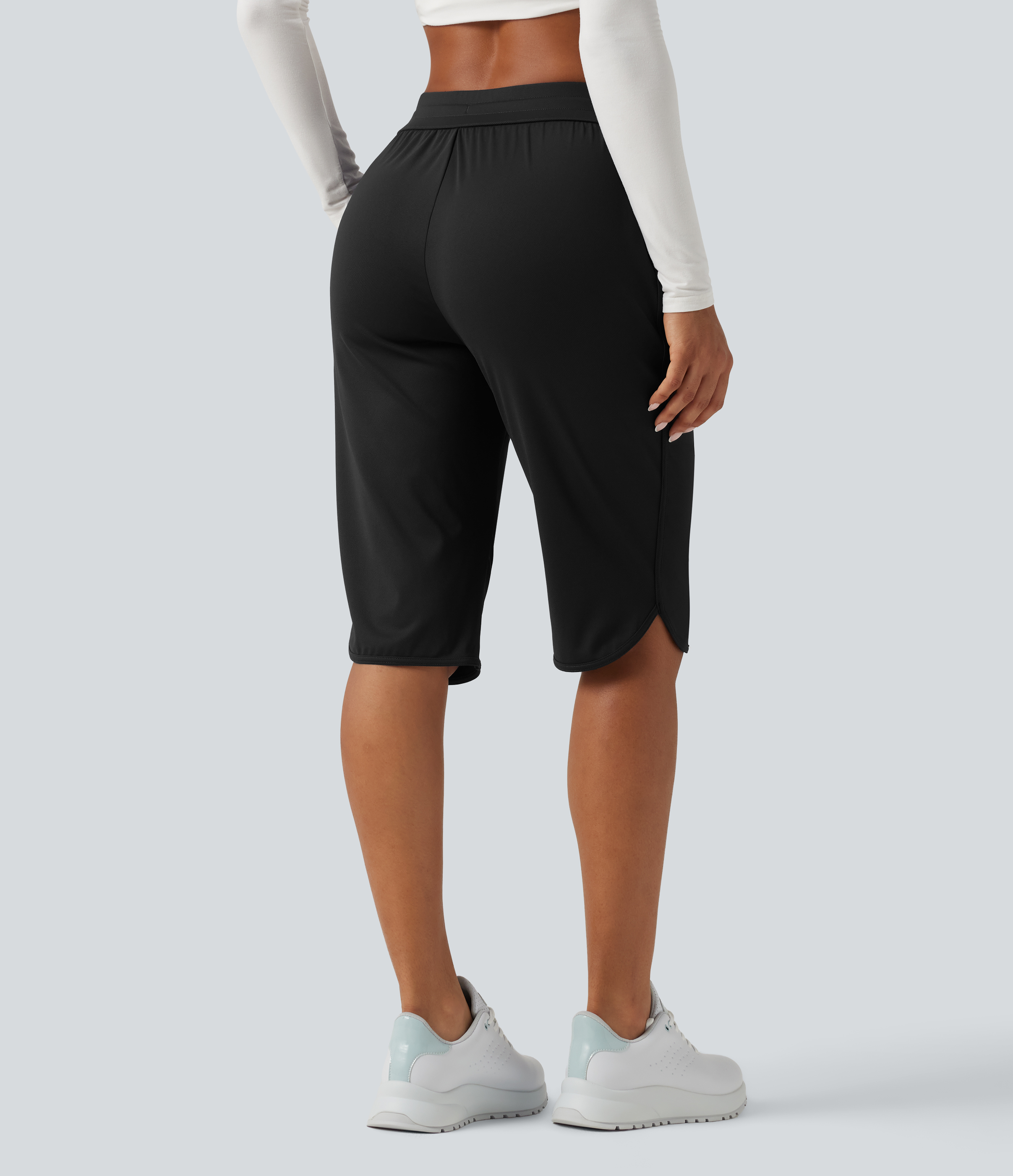 Black Mid Rise Drawstring Curved Hem Pedal Pusher Quick Dry Golf Trousers with Pockets-UPF40+ / 2