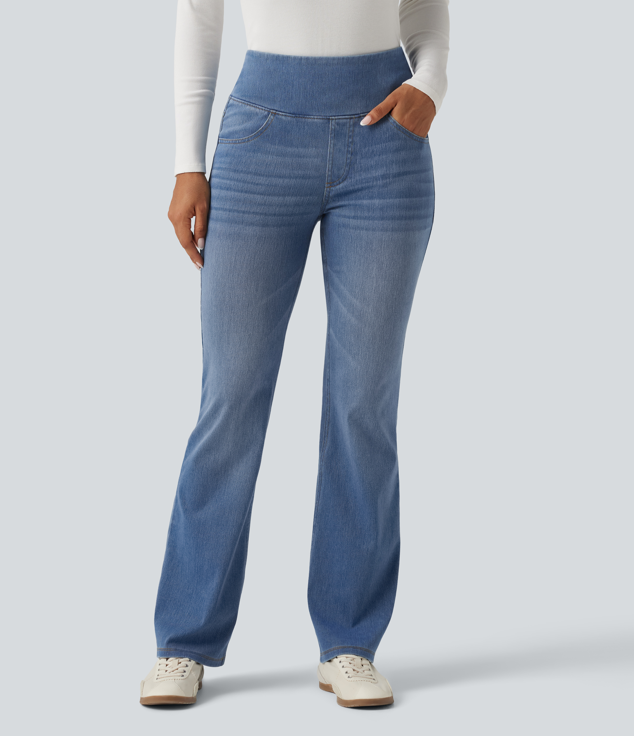 Blue Jasper Denim Halara Flex™ casualowe dżinsy bootcut z wysokim stanem i modelującym efektem na brzuchu, z kieszeniami / 2