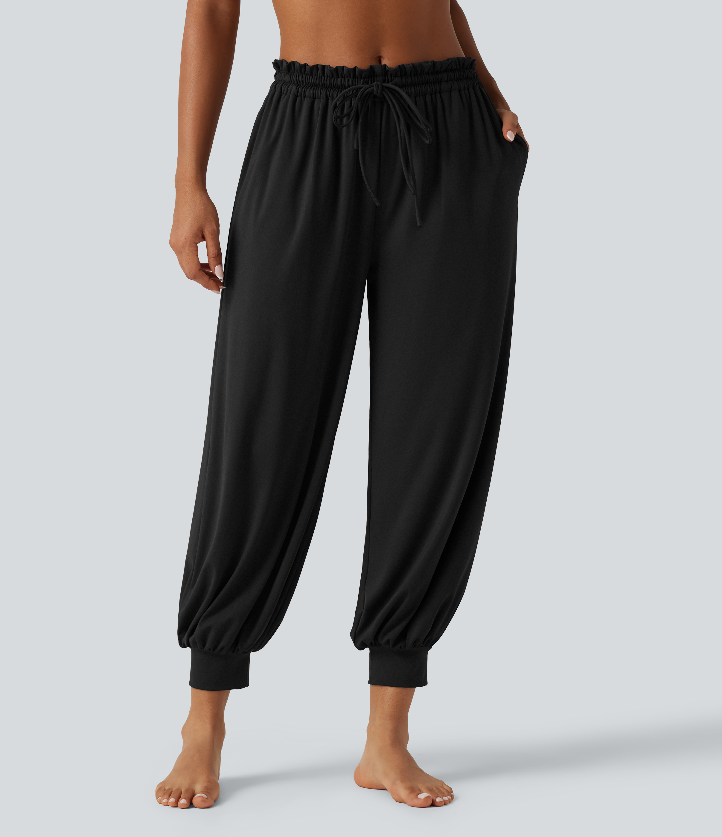 Halara Mid Rise Drawstring Ruched Wrapped Yoga Joggers with Pockets