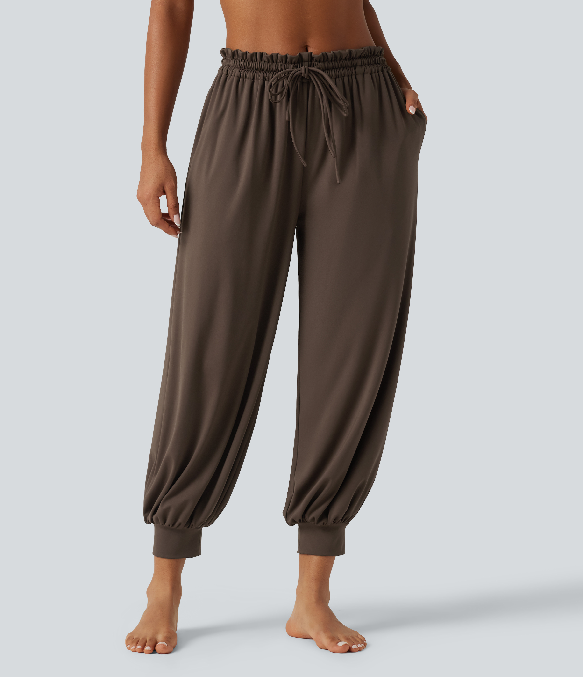 Mid Rise Drawstring Ruched Wrapped Yoga Joggers with Pockets