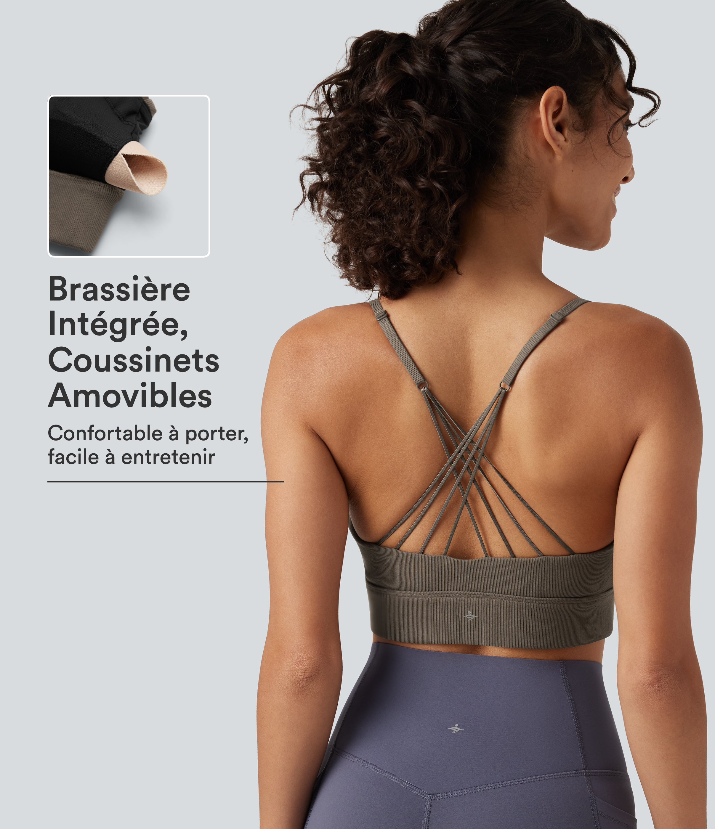 Brassière de yoga côtelée maintien léger à col V avec bretelles croisées et coussinets amovibles