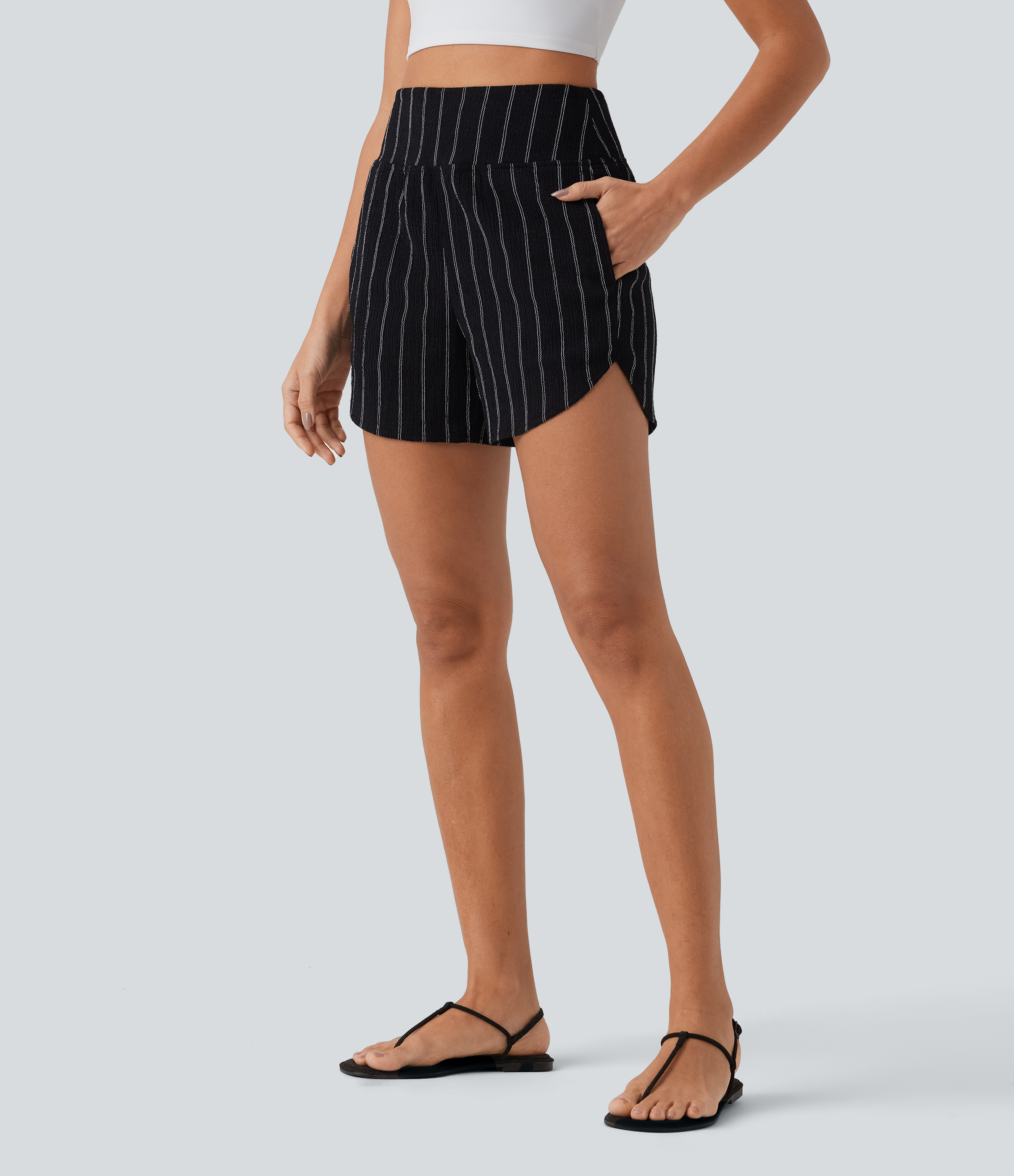 High Waisted Curved Hem Stripe Casual Shorts with Pockets