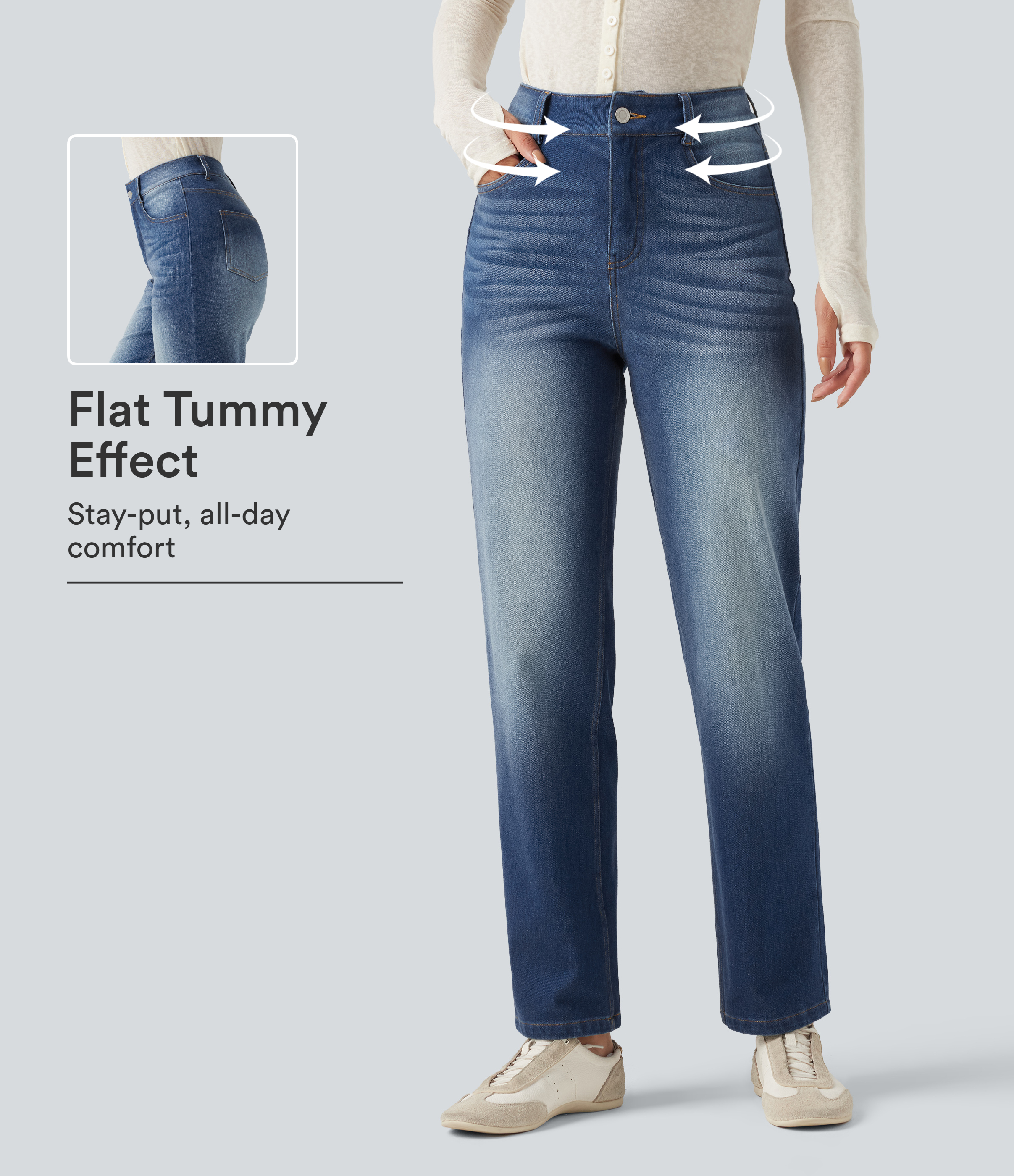 Halara Flex™ jeans de talle alto con control abdominal, pierna recta, efecto lavado casual, con bolsillos
