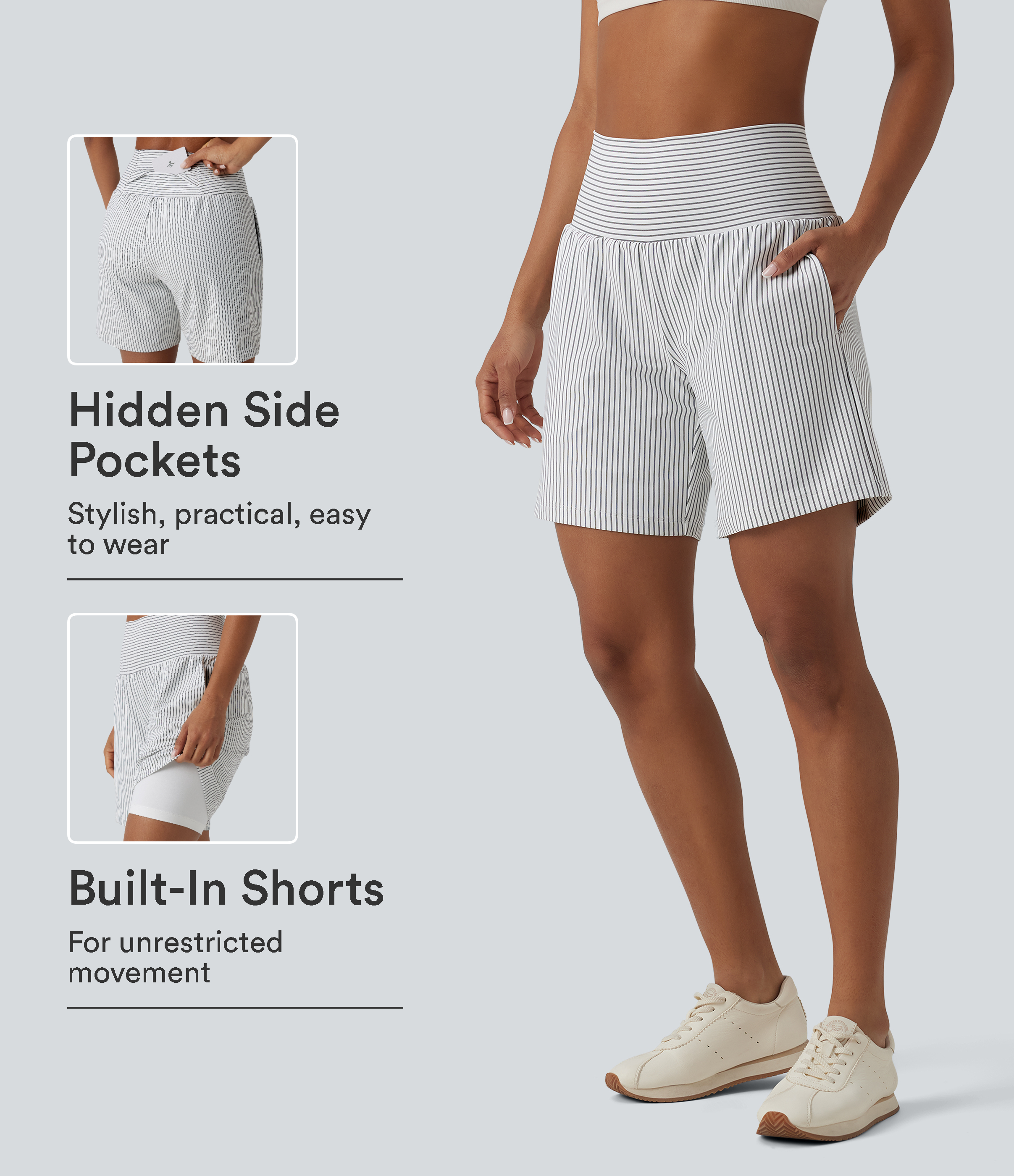 Super High Waisted 2-in-1 Stripe Yoga Shorts 7'' with Pockets