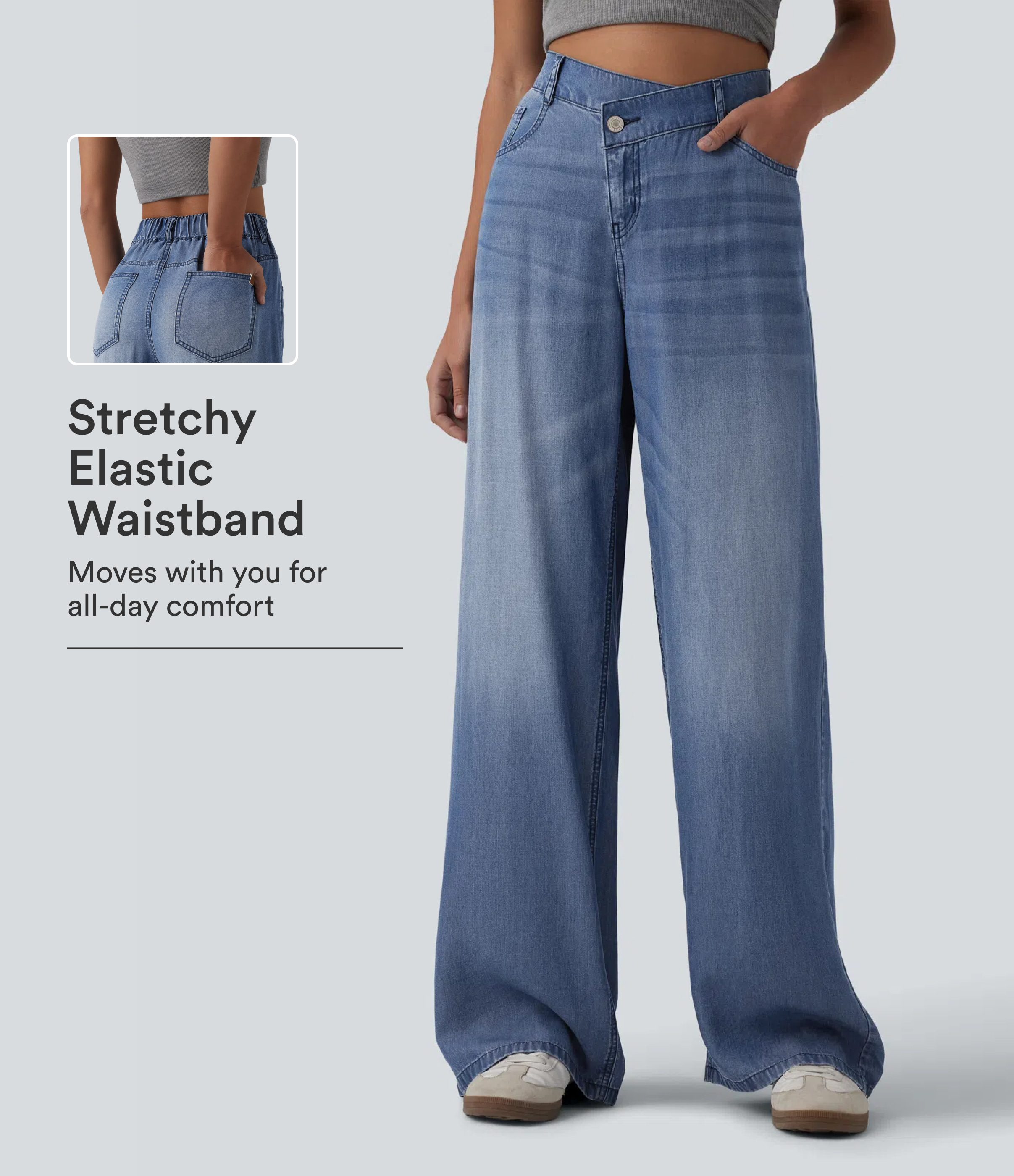 Asymmetric Mid Rise Draped Wide Leg Casual Jeans with Pockets