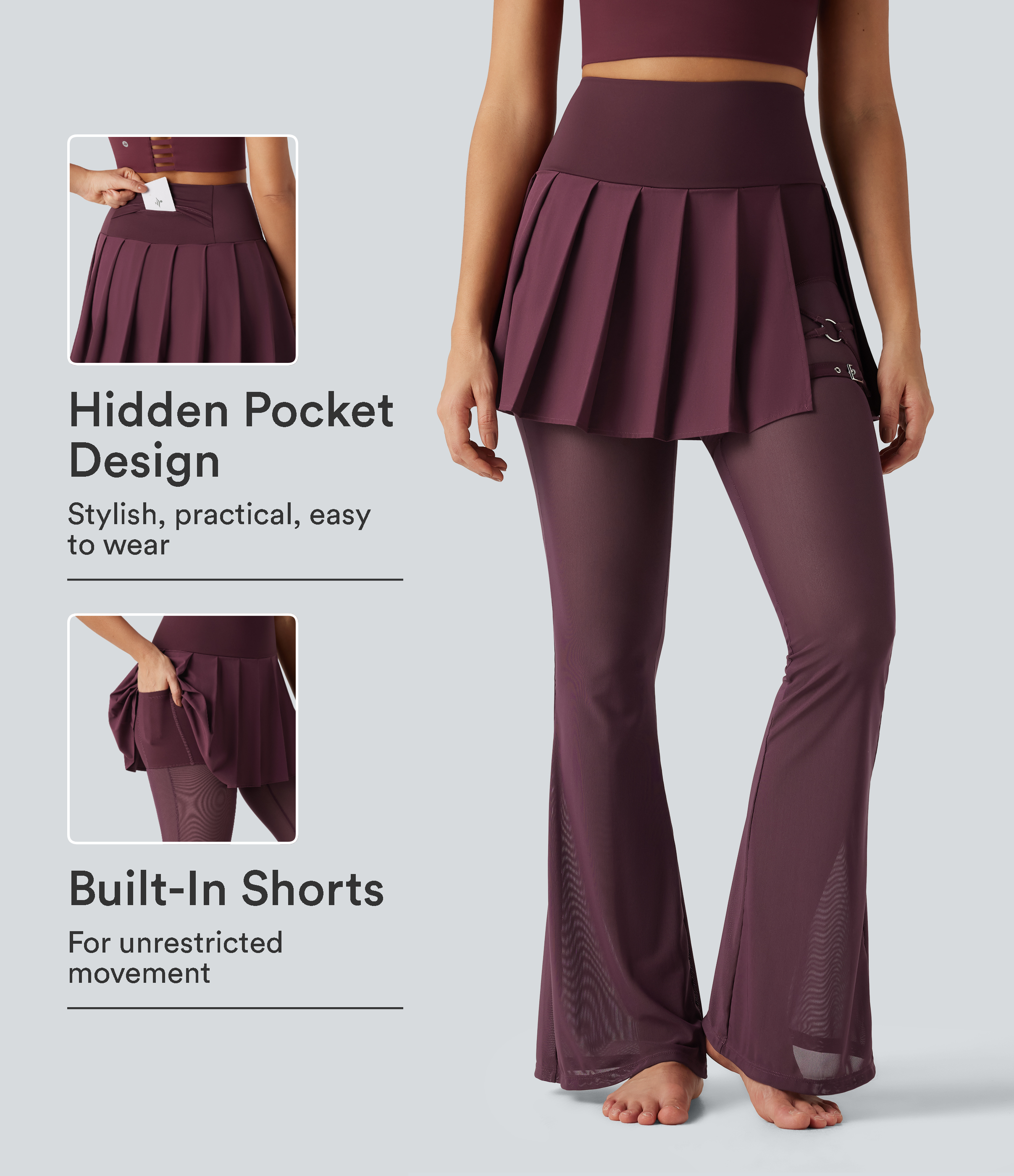 Breezeful™ High Waisted Pleated 2-in-1 Contrast Mesh Quick Dry Flare Dance Skirted Leggings with Pockets
