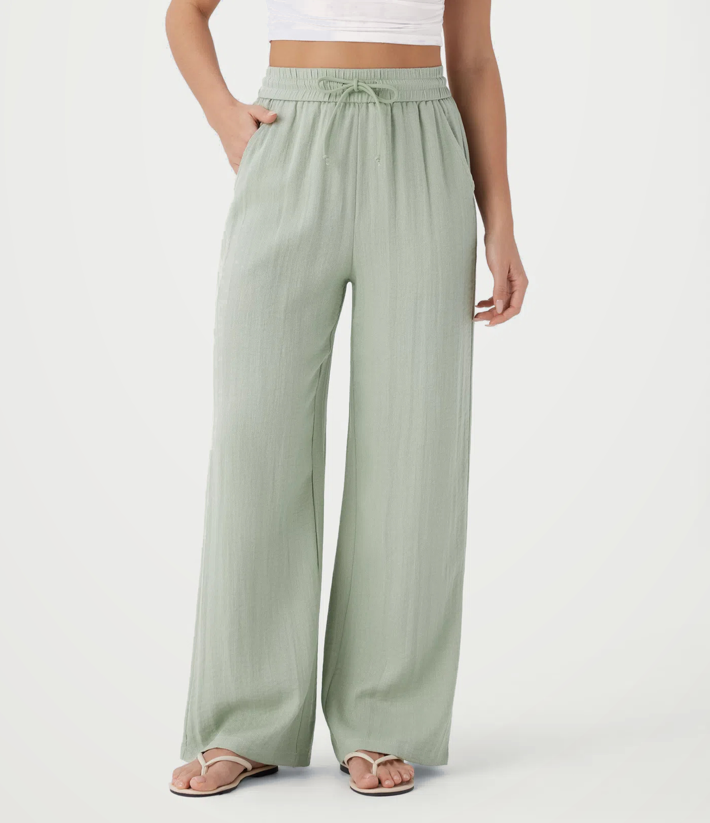 High Waisted Drawstring Pocket Wide Leg Baggy Casual Linen-Feel Pants