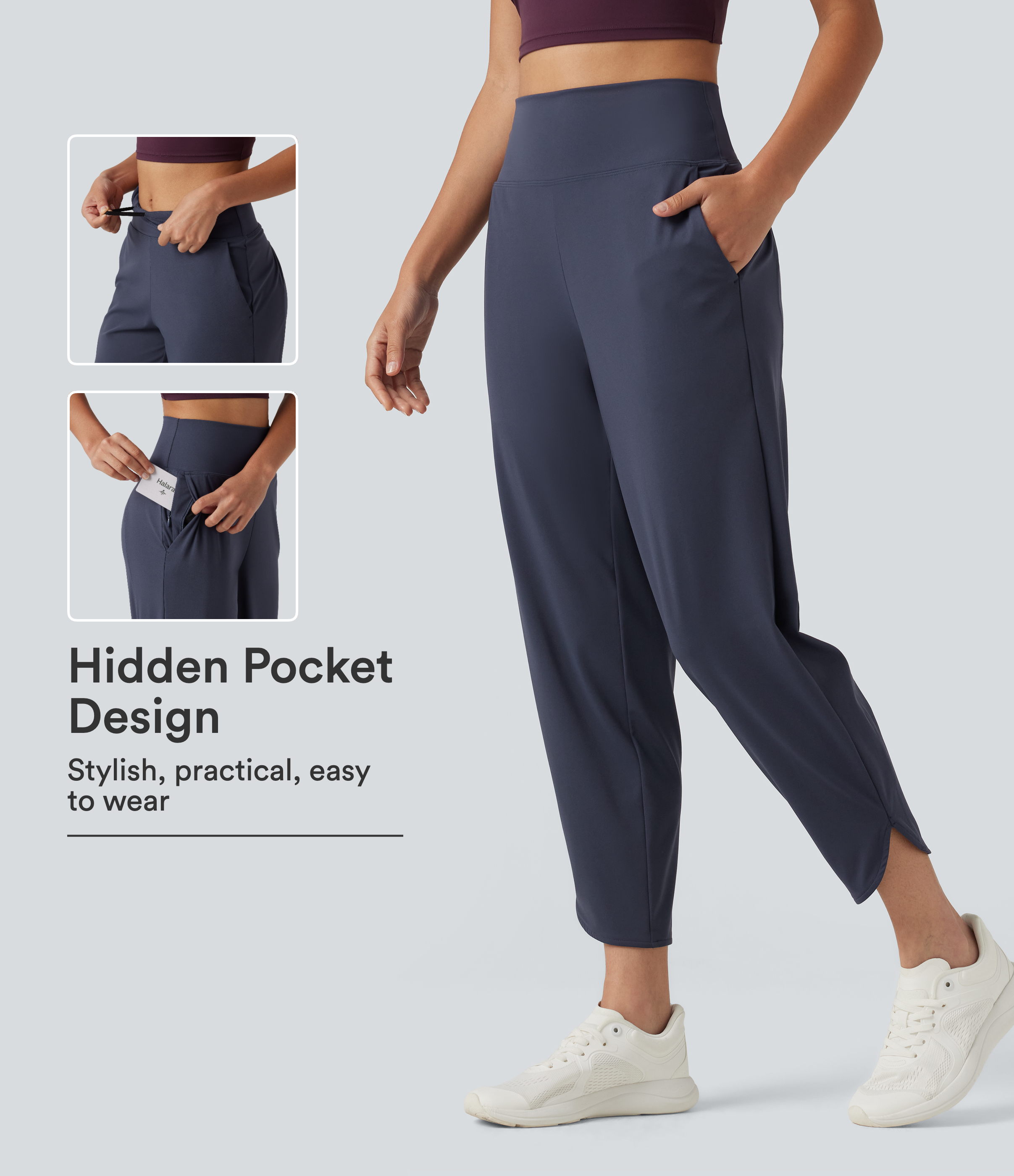 High Waisted Inner Drawstring Cropped Curved Hem InstantCool Quick Dry Running Pants with Pockets-UPF50+