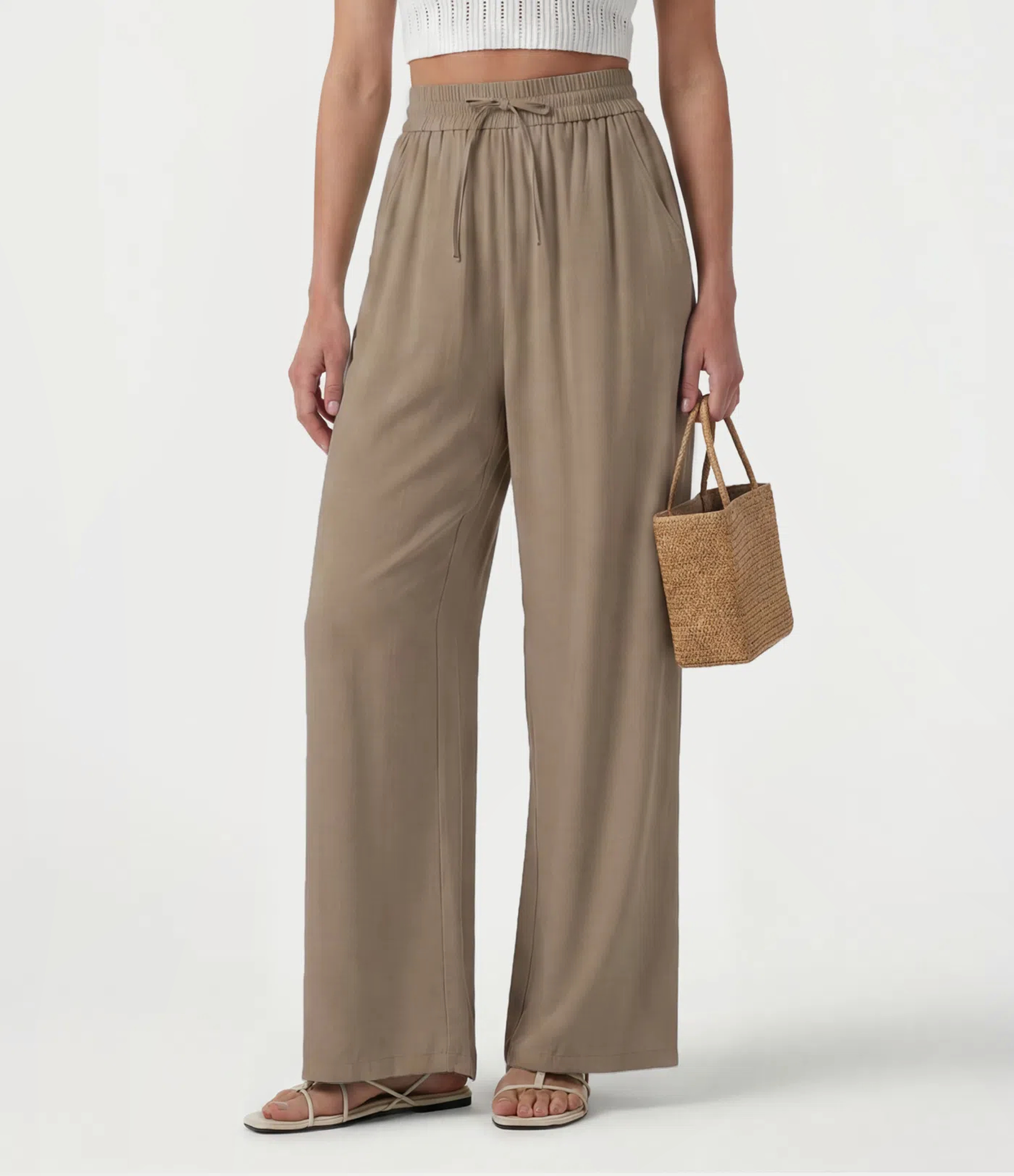 High Waisted Drawstring Wide Leg Casual Linen-Blend Pants with Pockets
