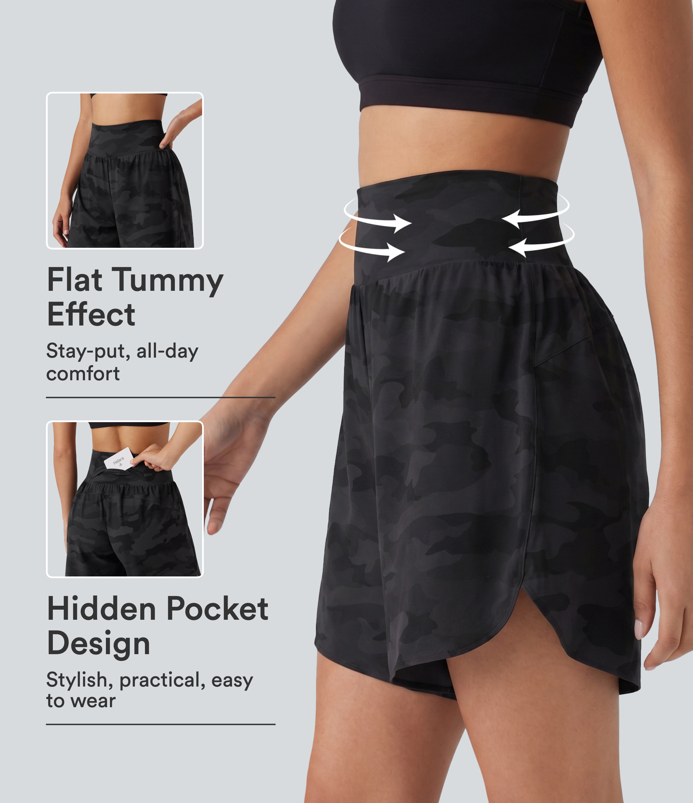 Halara UltraSculpt™ Camo Print High Waisted Tummy Control Curved Hem Running Shorts 7" with Pocket