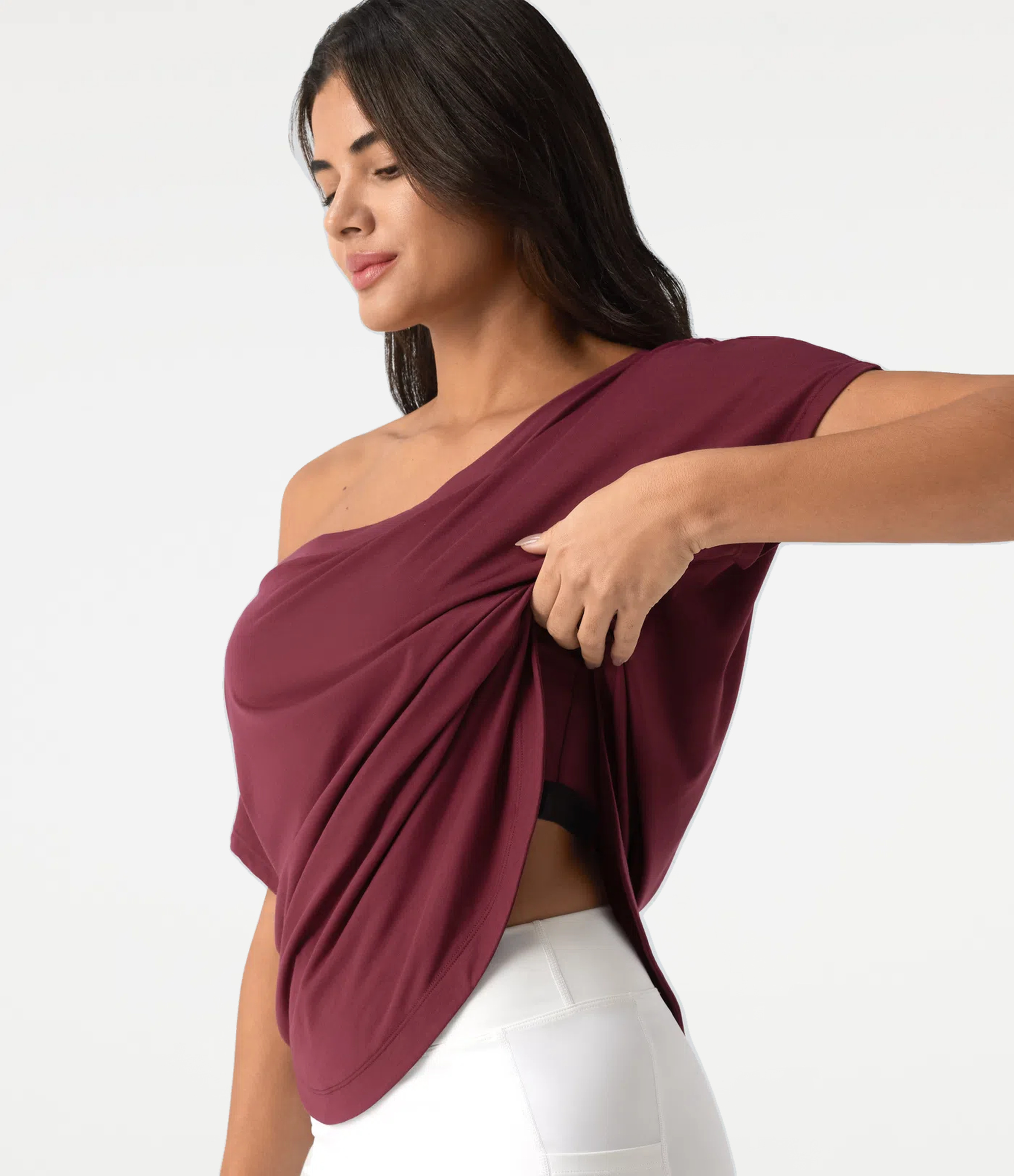 One Shoulder Short Sleeve Curved Hem High Low Quick Dry Yoga Sports Top-Built-in Bra