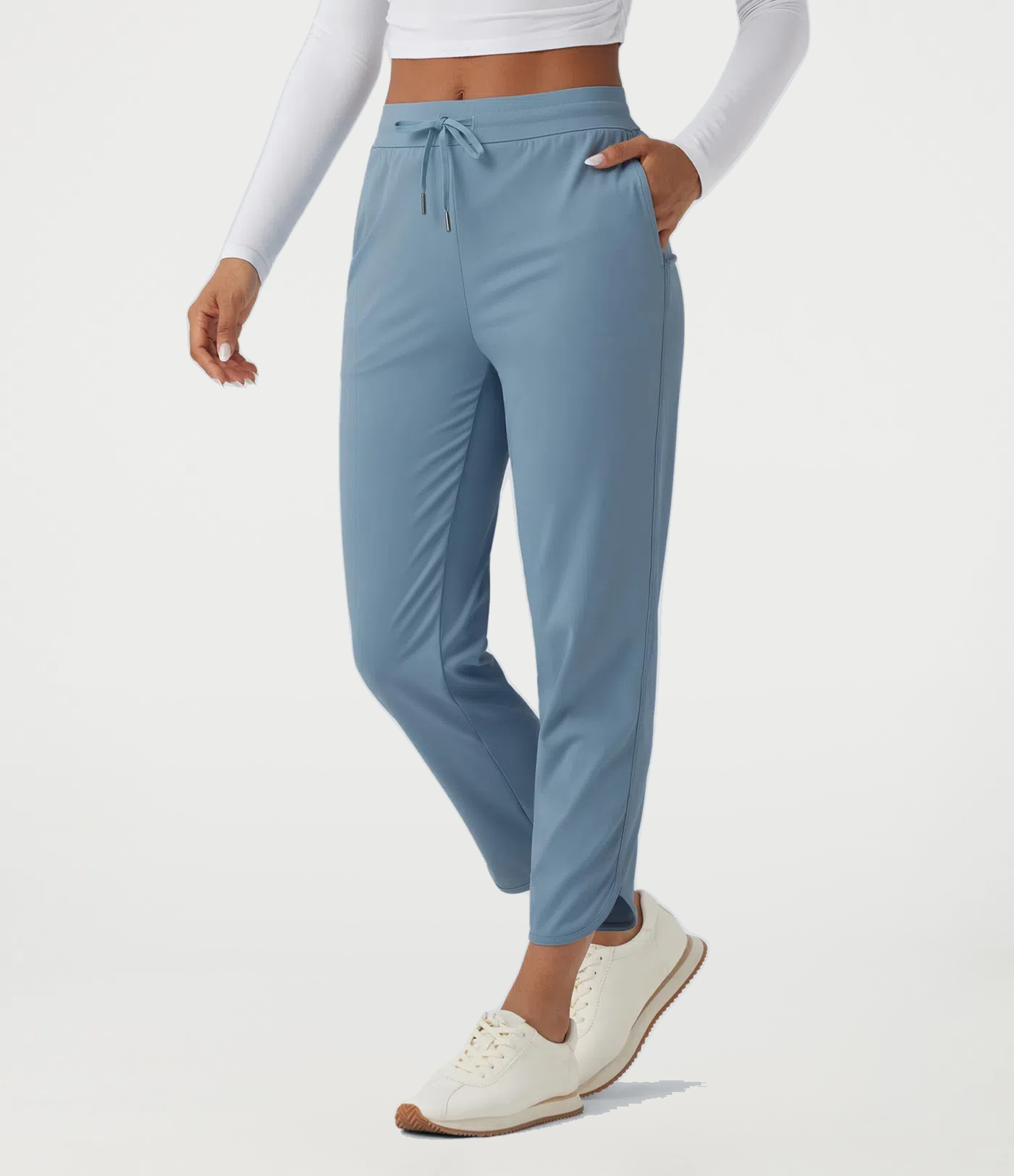 Mid Rise Drawstring Curved Hem Quick Dry Golf Tapered Pants with Pockets-UPF40+