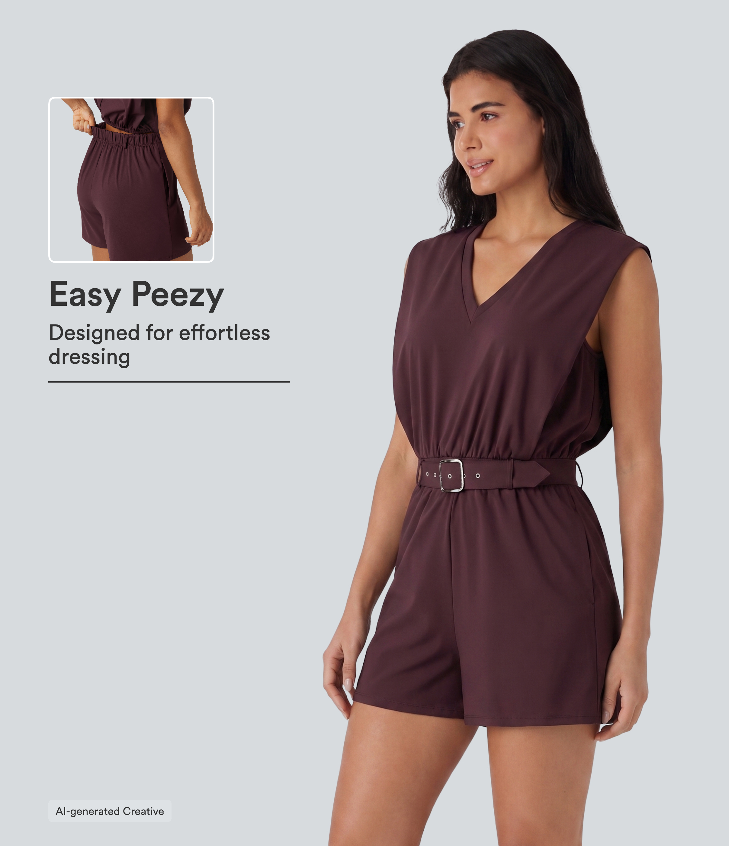 Berry Red SoftlyZero™ Airy V Neck Sleeveless Belted InstantCool Casual Romper with Pockets-Easy Peezy Edition / 1