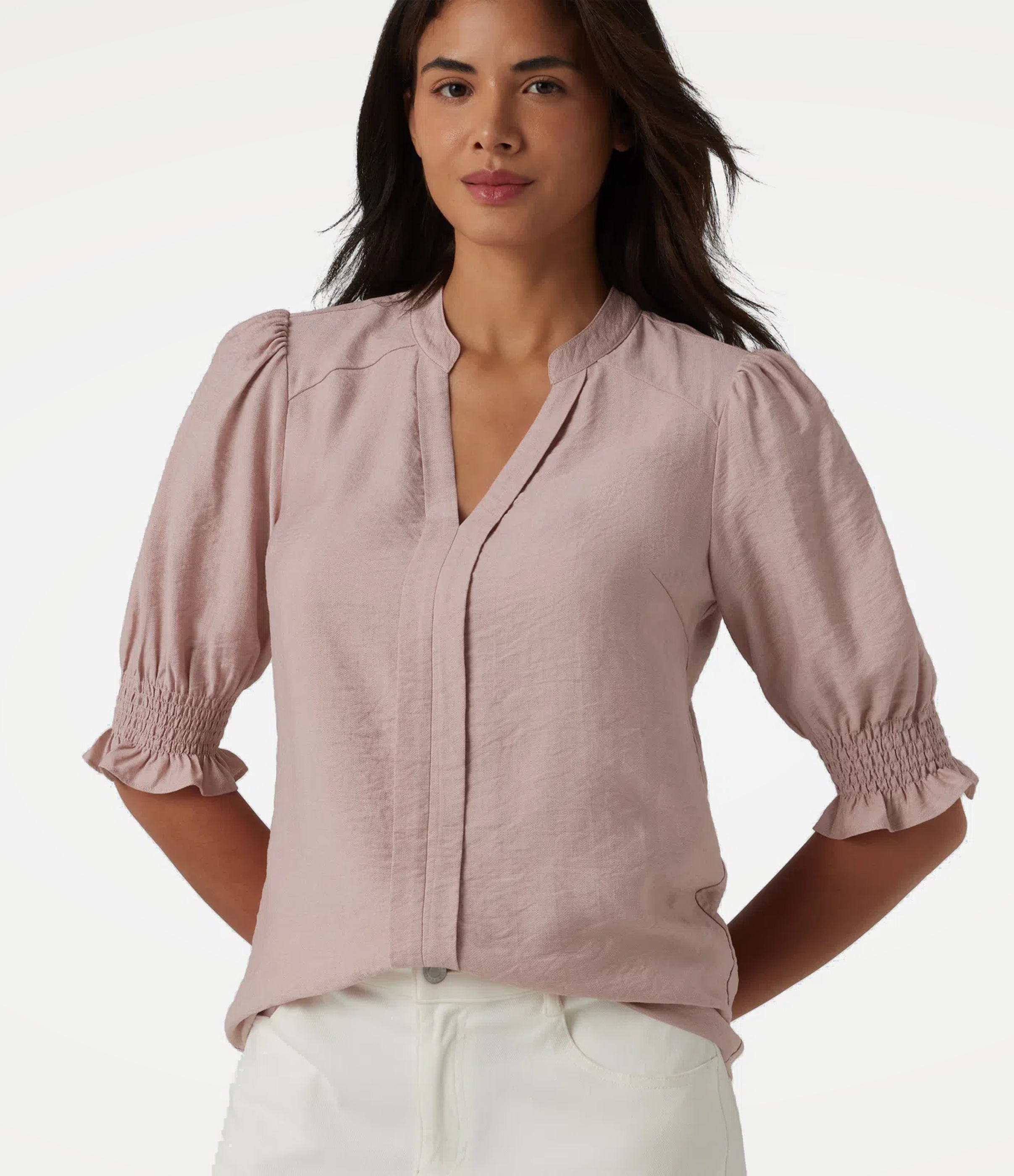 V Neck Puff Short Sleeve Casual Blouse
