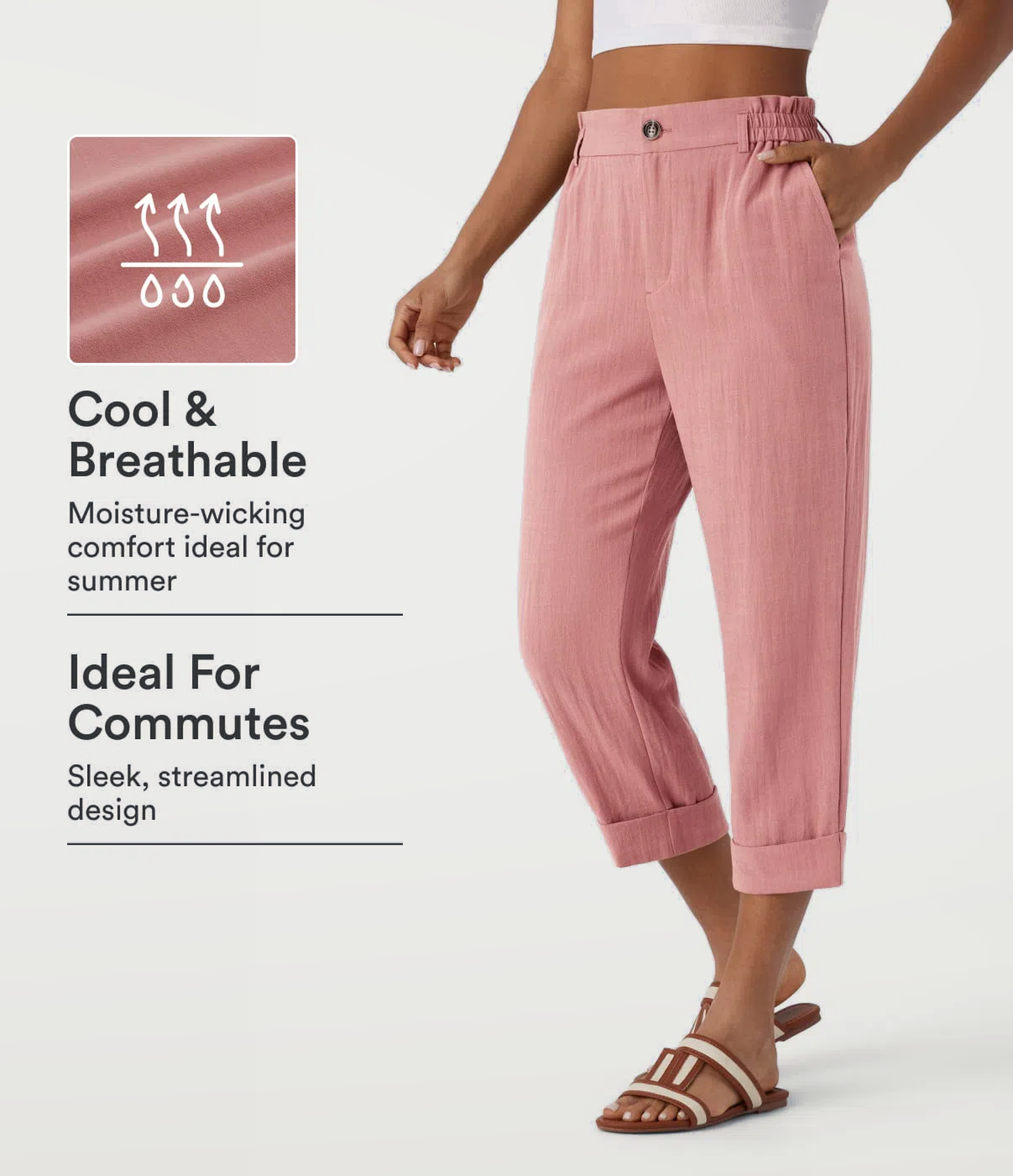 High Waisted Zipper Pocket Cropped Linen-Feel Pants